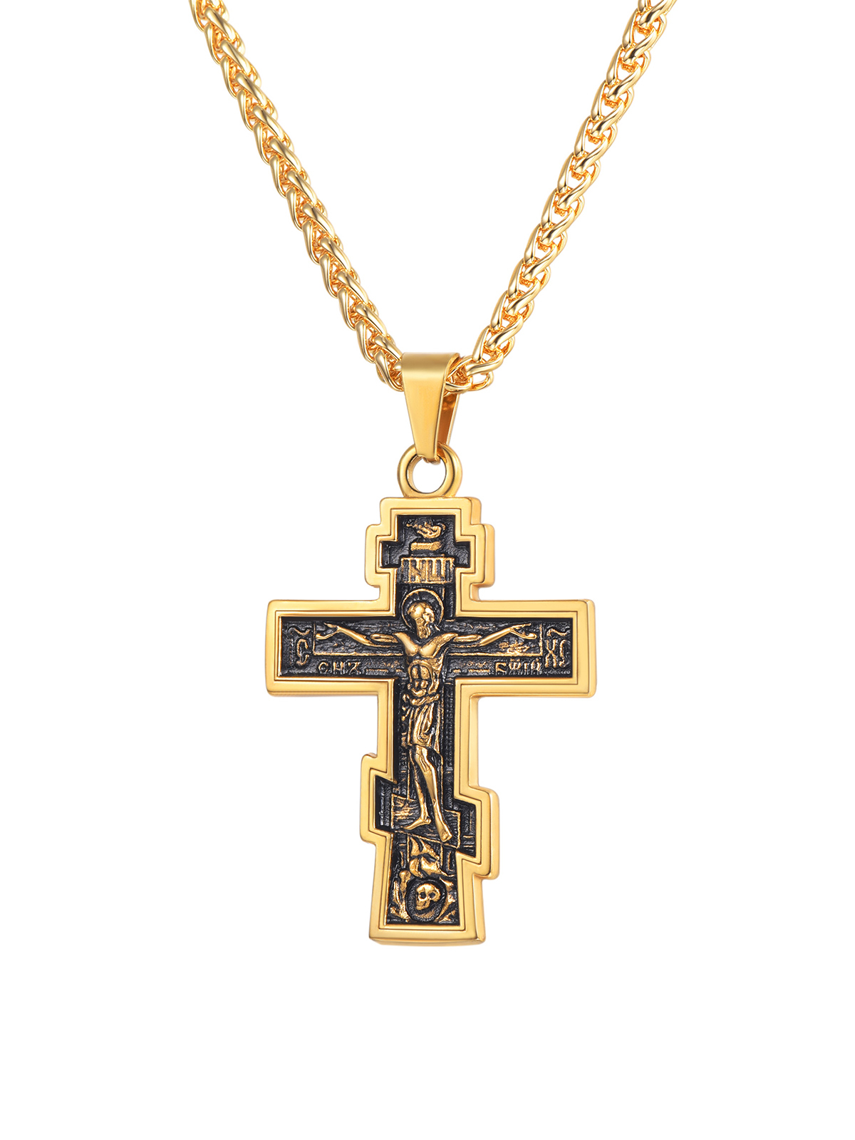 Orthodox Cross Pendant Jesus Crucifix Necklace in 18K Gold