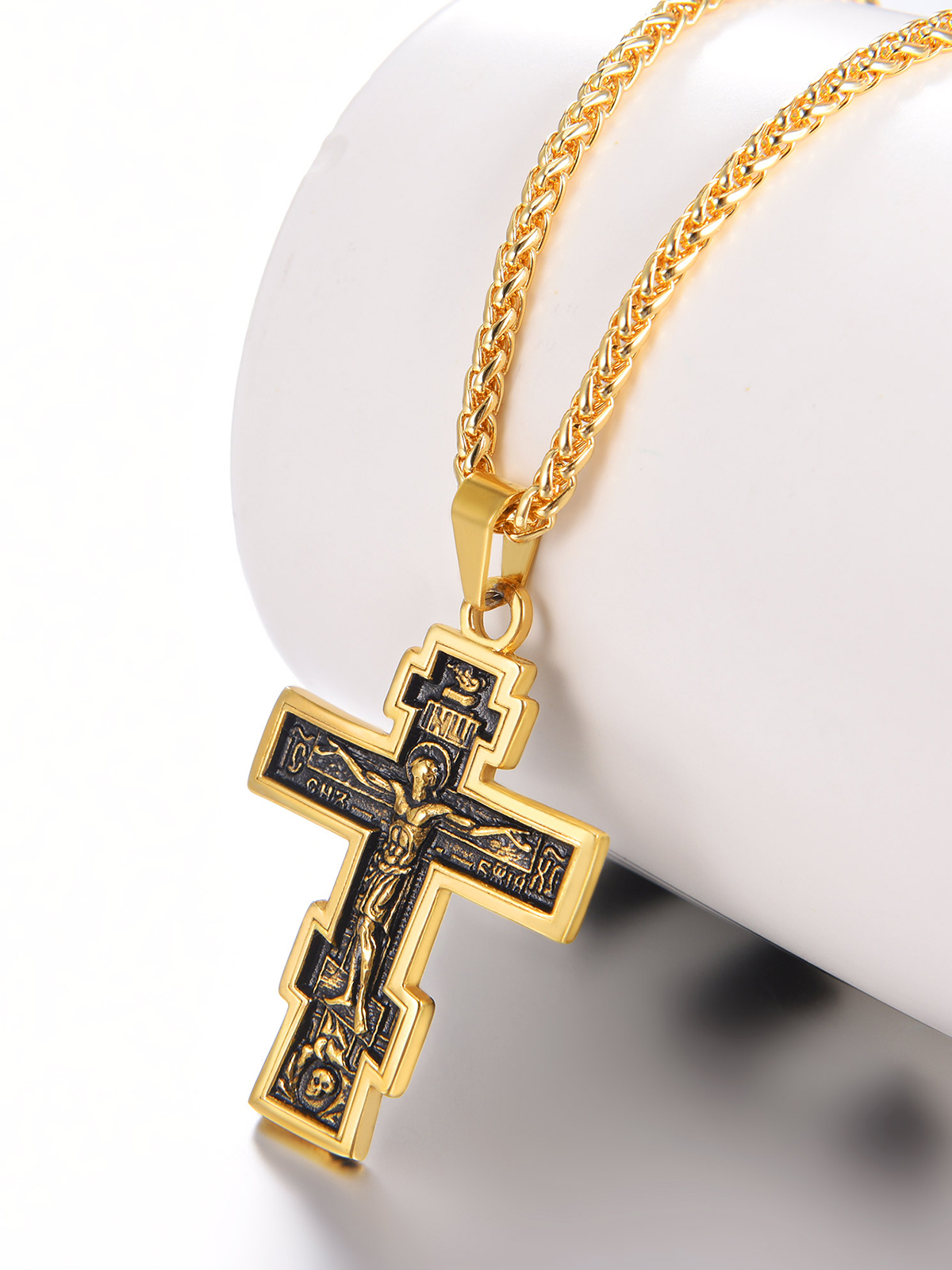 Orthodox Cross Pendant Jesus Crucifix Necklace in 18K Gold