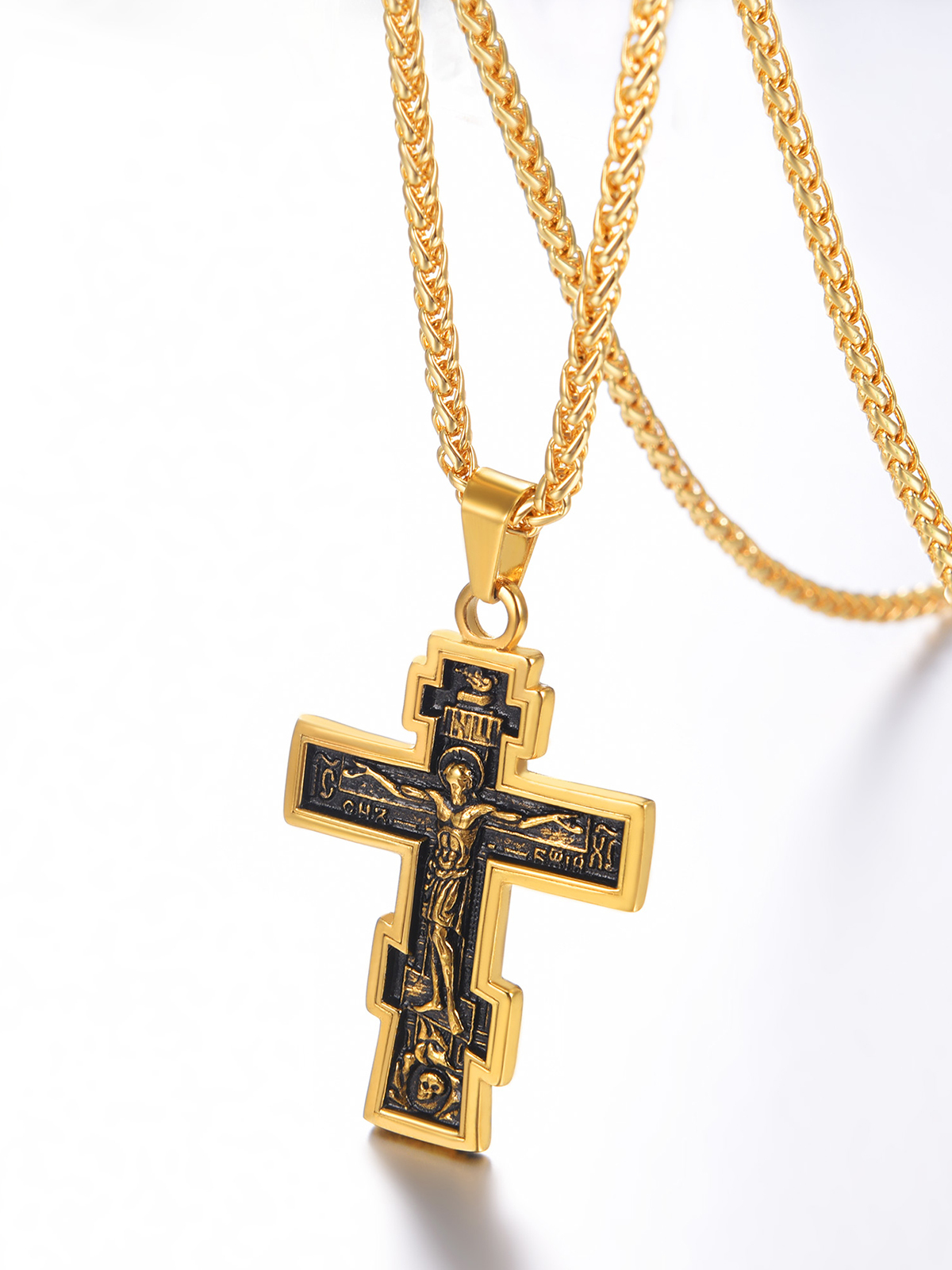 Orthodox Cross Pendant Jesus Crucifix Necklace in 18K Gold