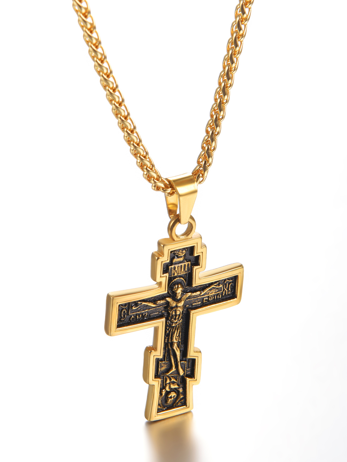 Orthodox Cross Pendant Jesus Crucifix Necklace in 18K Gold