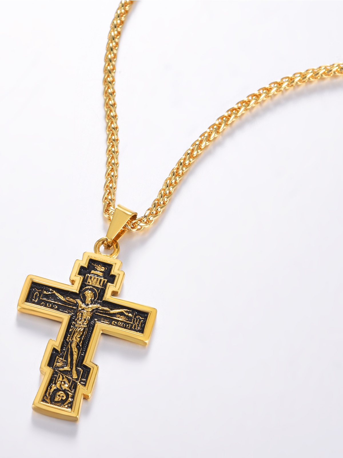 Orthodox Cross Pendant Jesus Crucifix Necklace in 18K Gold