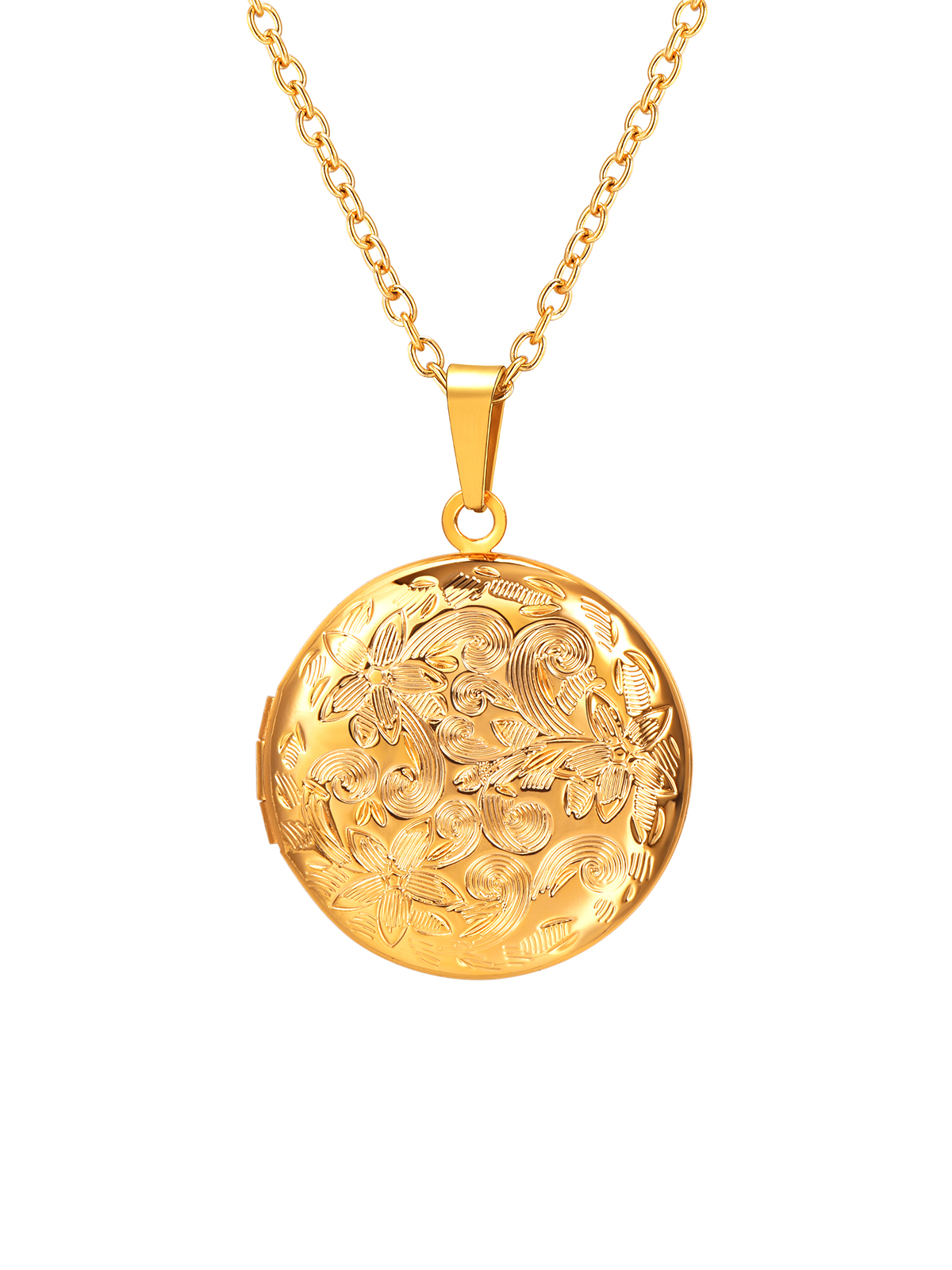 Photo Locket Pendant Flower Engraved Necklace in 18K Gold