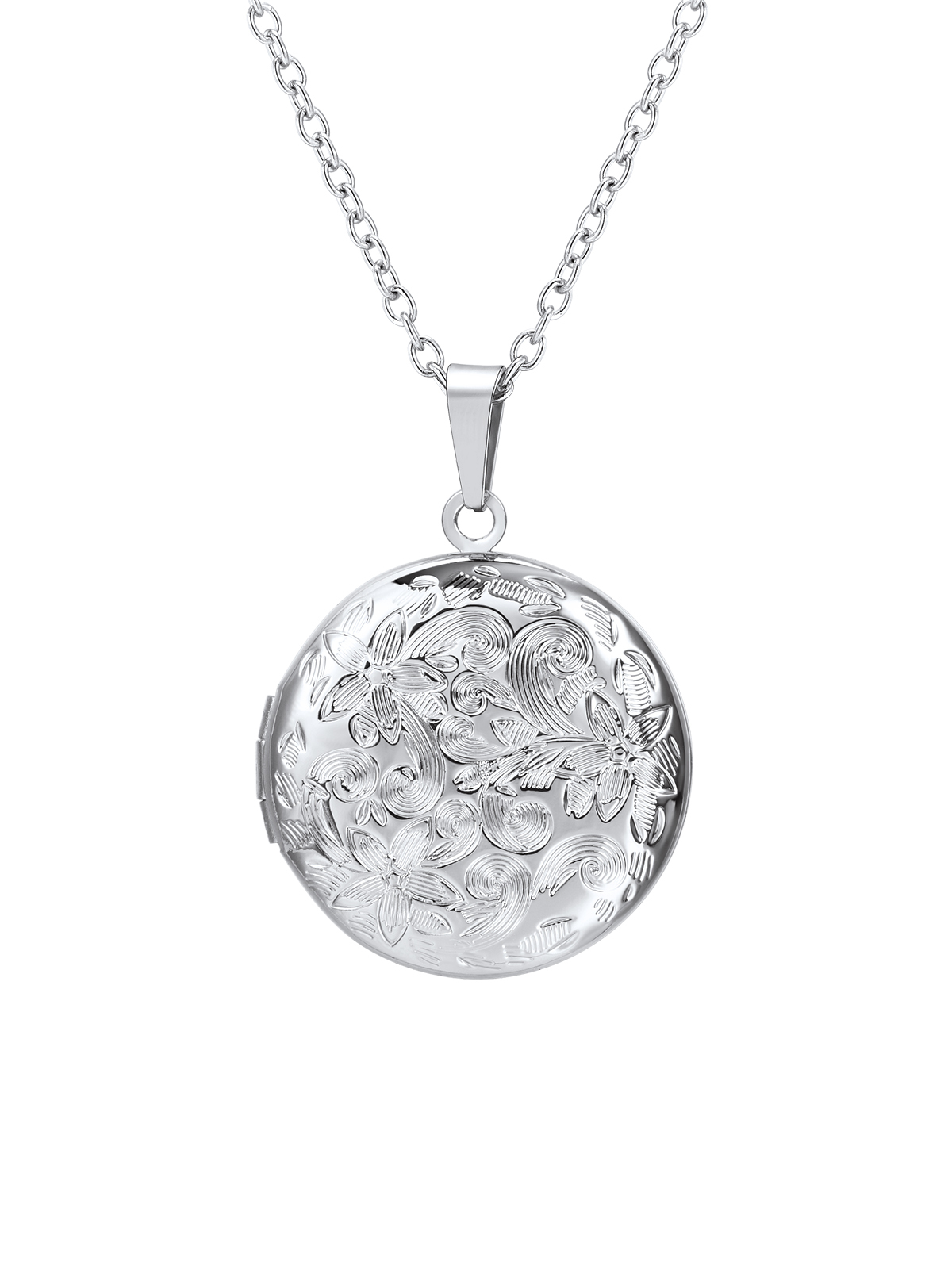 Photo Locket Pendant Flower Engraved Necklace in Stainless