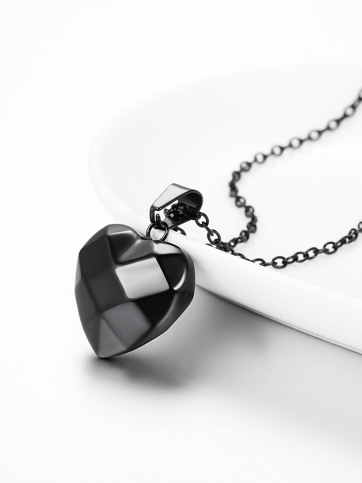 3D Facet Love Heart Pendant Necklace in Black