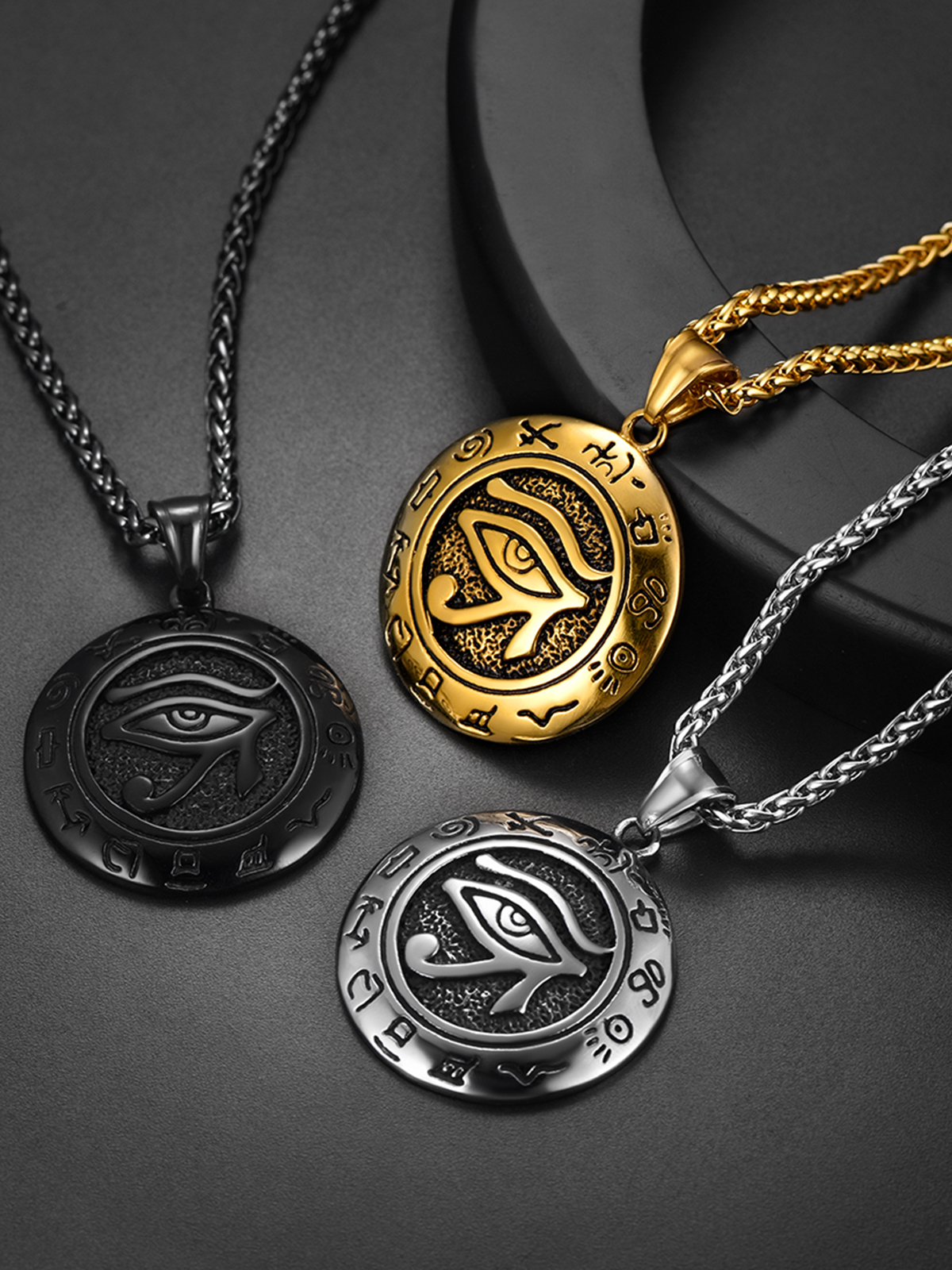 Eye of Horus Pendant Vintage Egyptian Necklace in Stainless