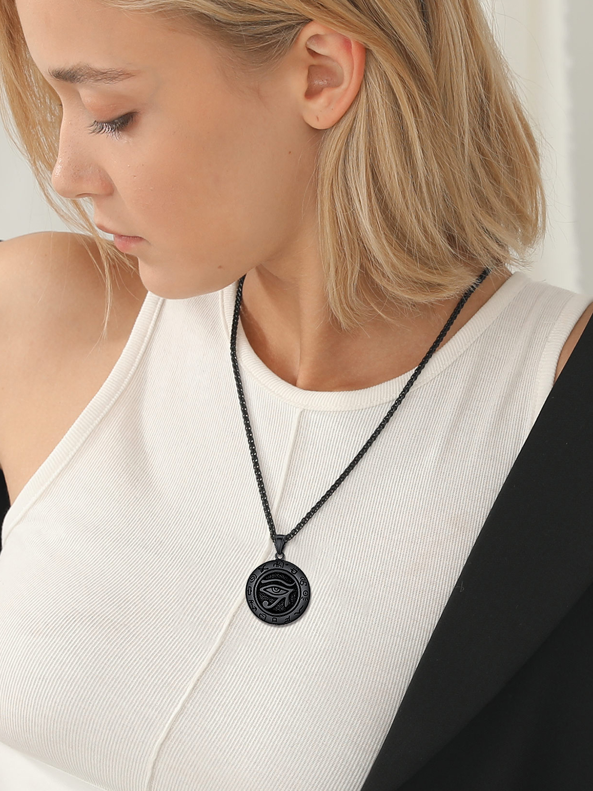 Eye of Horus Pendant Vintage Egyptian Necklace in Black