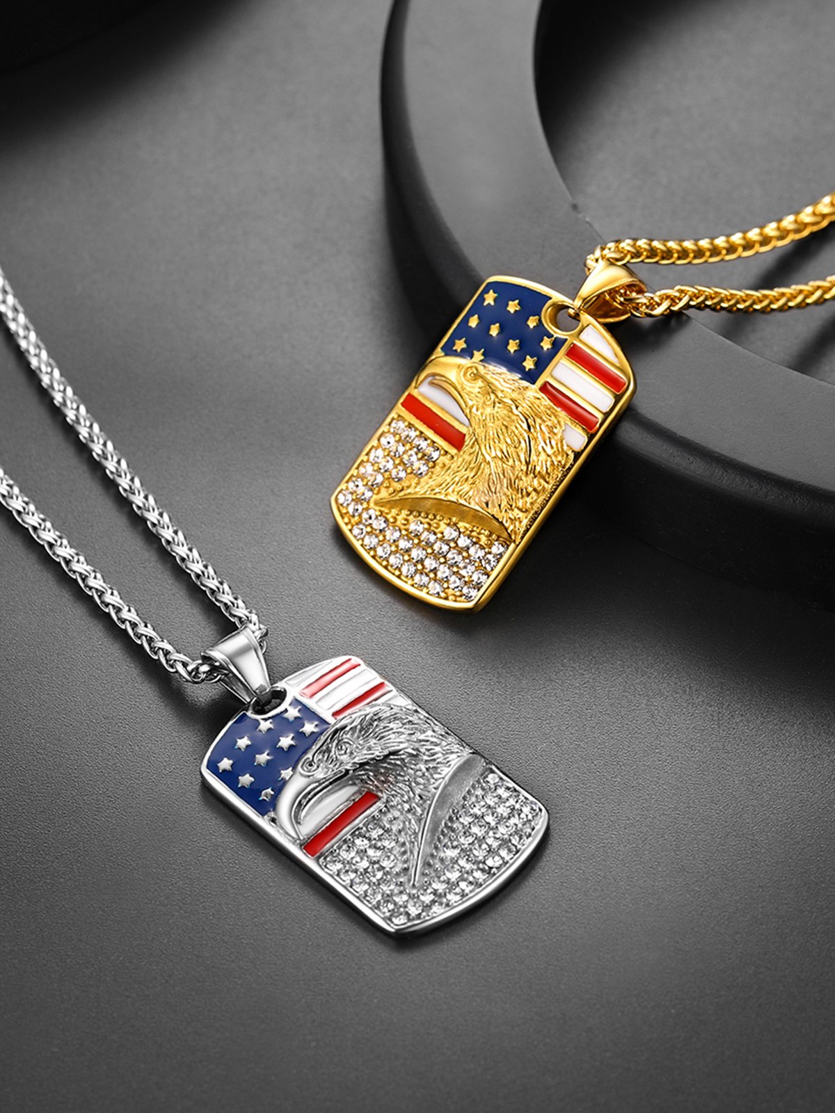 Eagle Dog Tag Pendant American Flag Necklace with CZ in 18K Gold