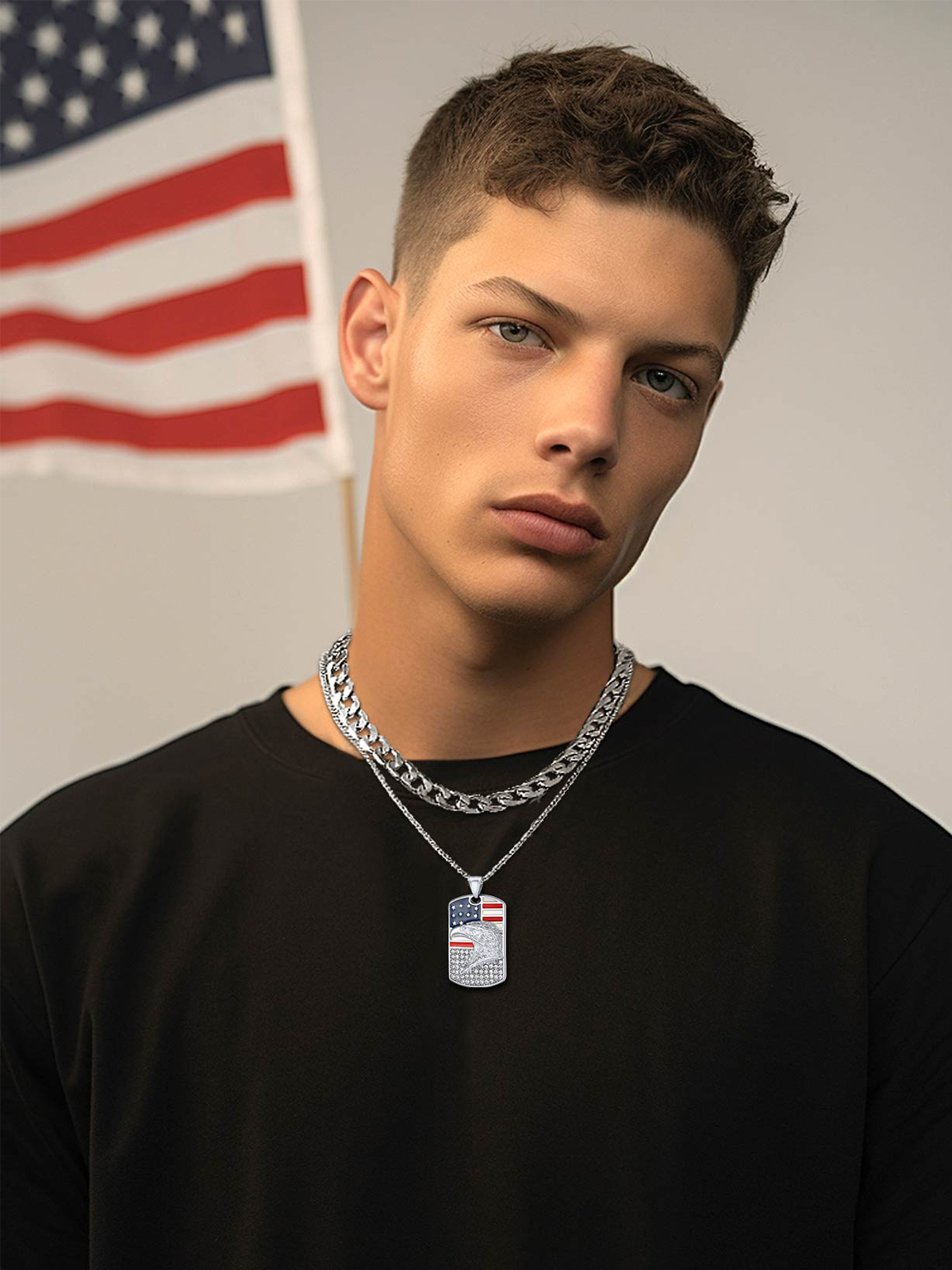 Eagle Dog Tag Pendant American Flag Necklace with CZ in Stainless