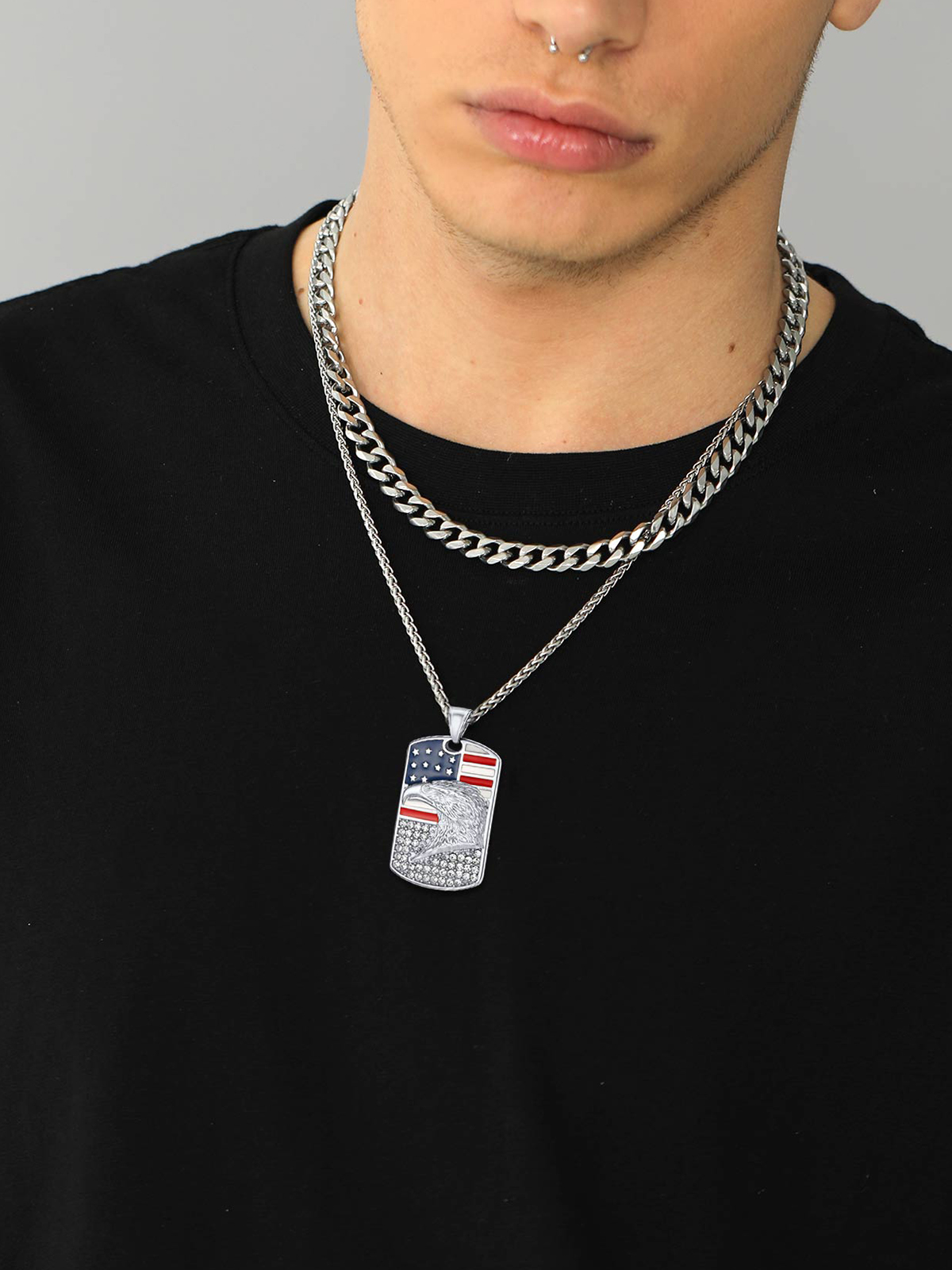 Eagle Dog Tag Pendant American Flag Necklace with CZ in Stainless