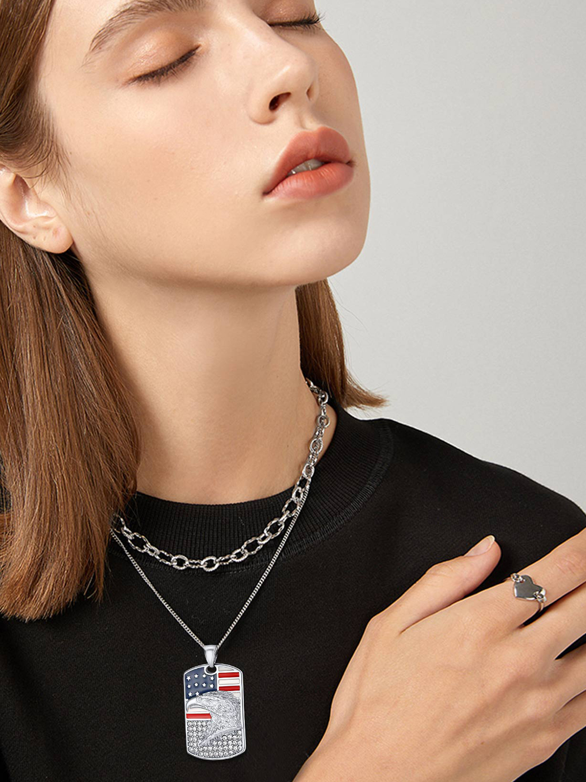 Eagle Dog Tag Pendant American Flag Necklace with CZ in Stainless