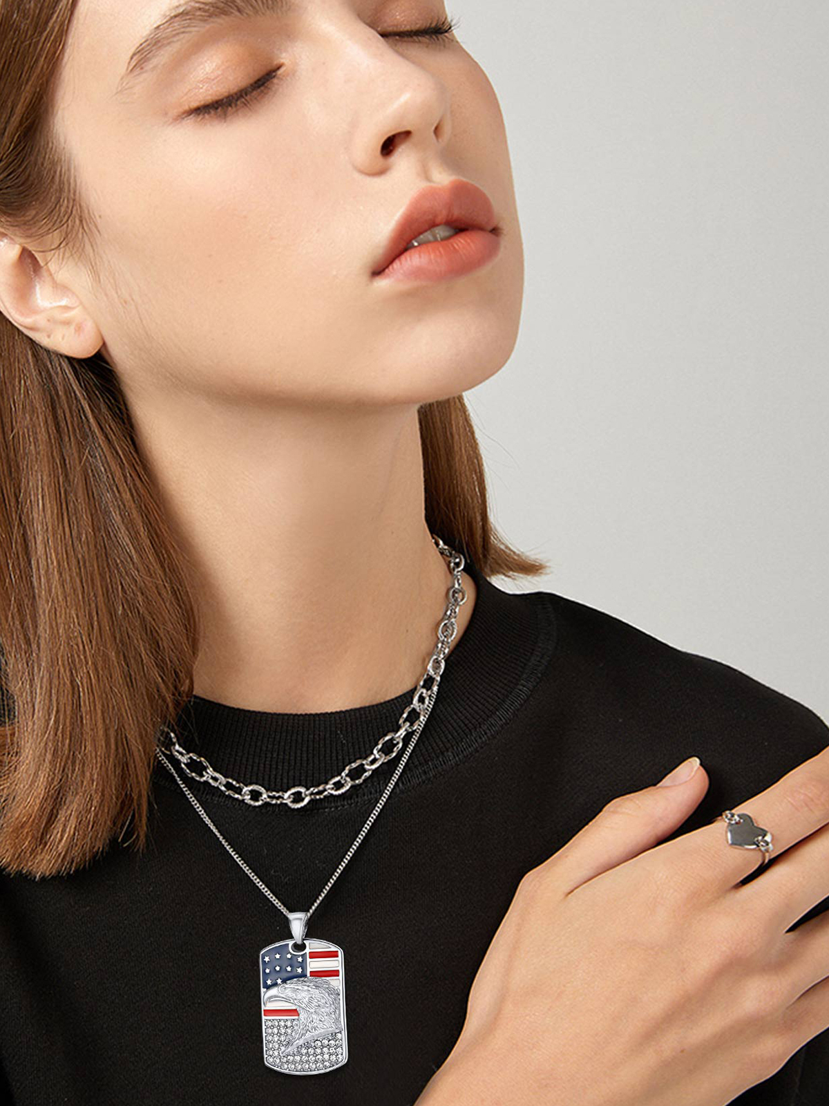 Eagle Dog Tag Pendant American Flag Necklace with CZ in Stainless
