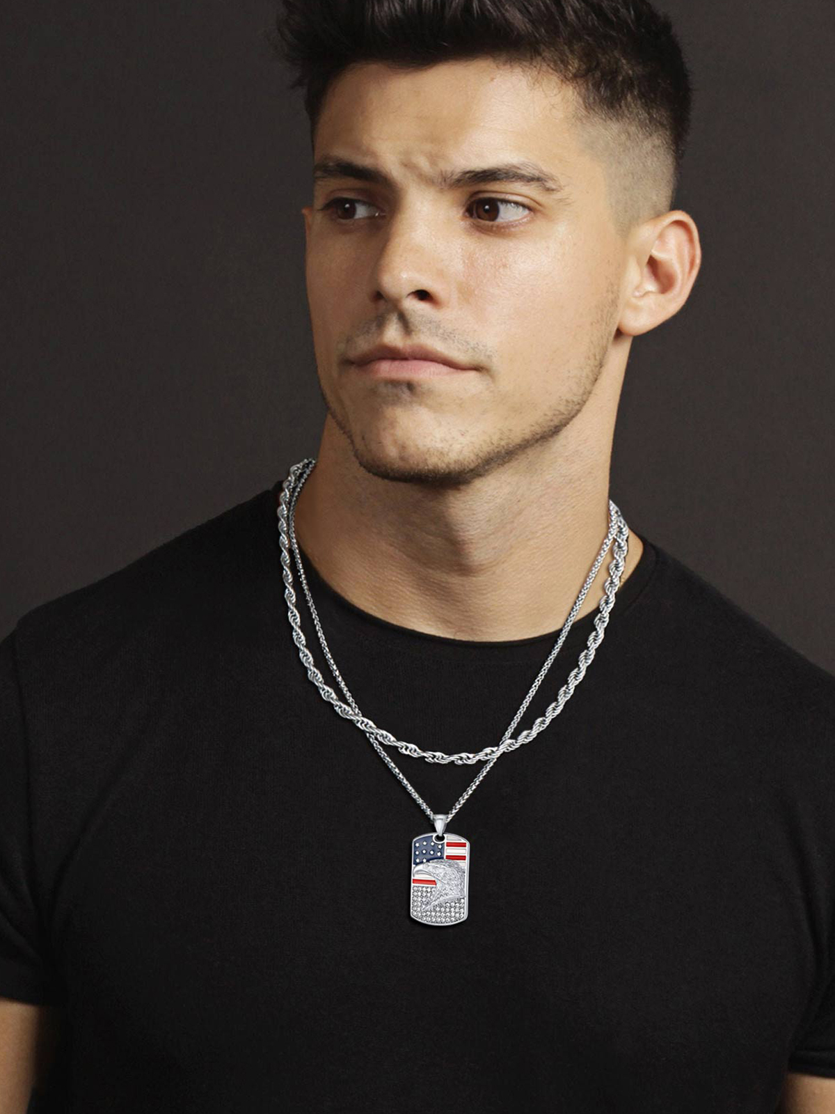 Eagle Dog Tag Pendant American Flag Necklace with CZ in Stainless