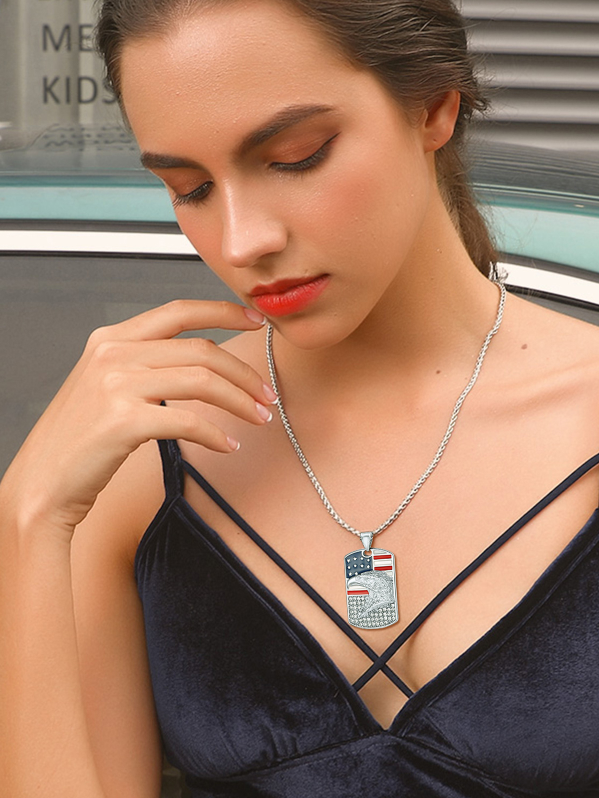 Eagle Dog Tag Pendant American Flag Necklace with CZ in Stainless