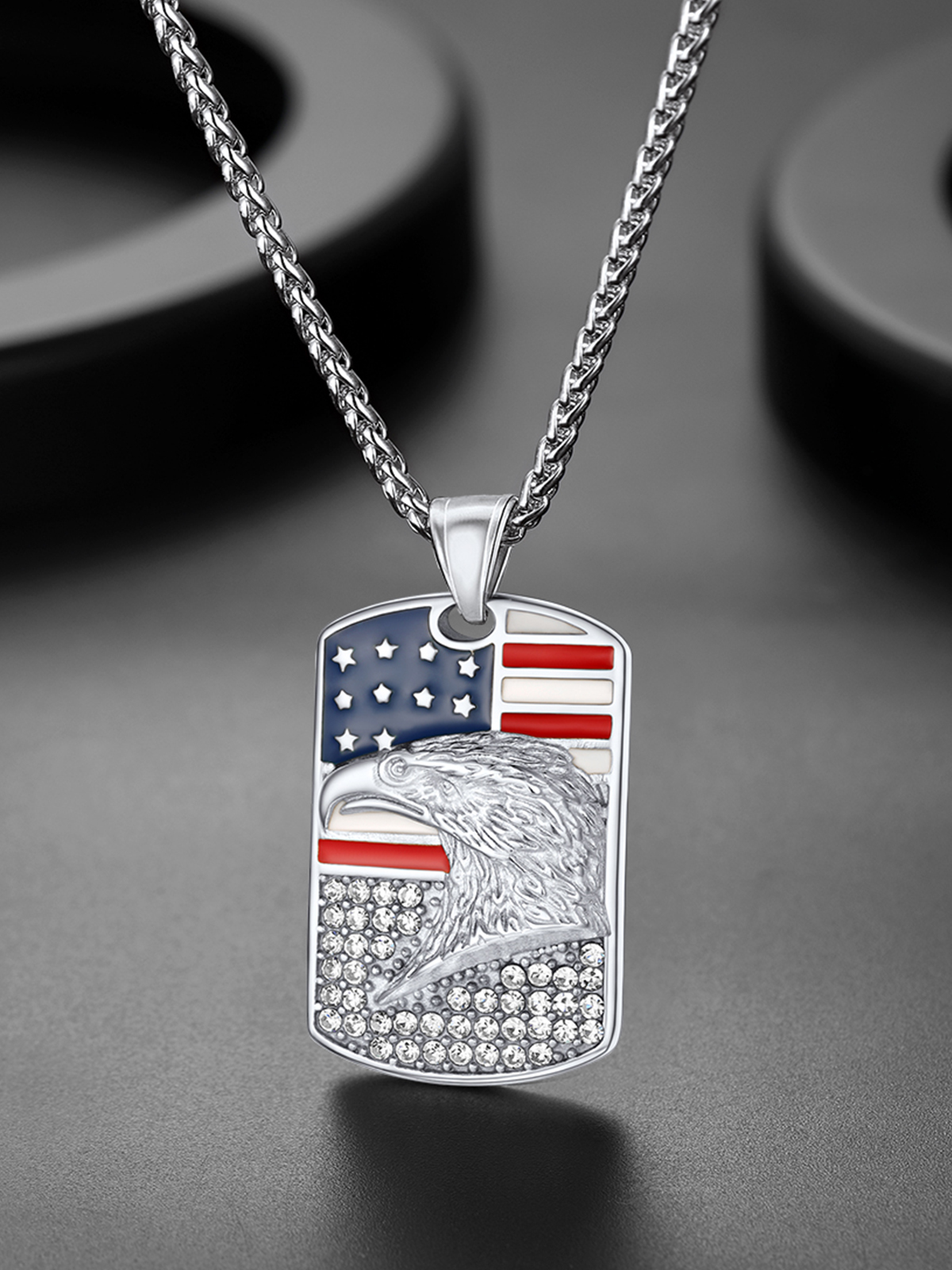 Eagle Dog Tag Pendant American Flag Necklace with CZ in Stainless