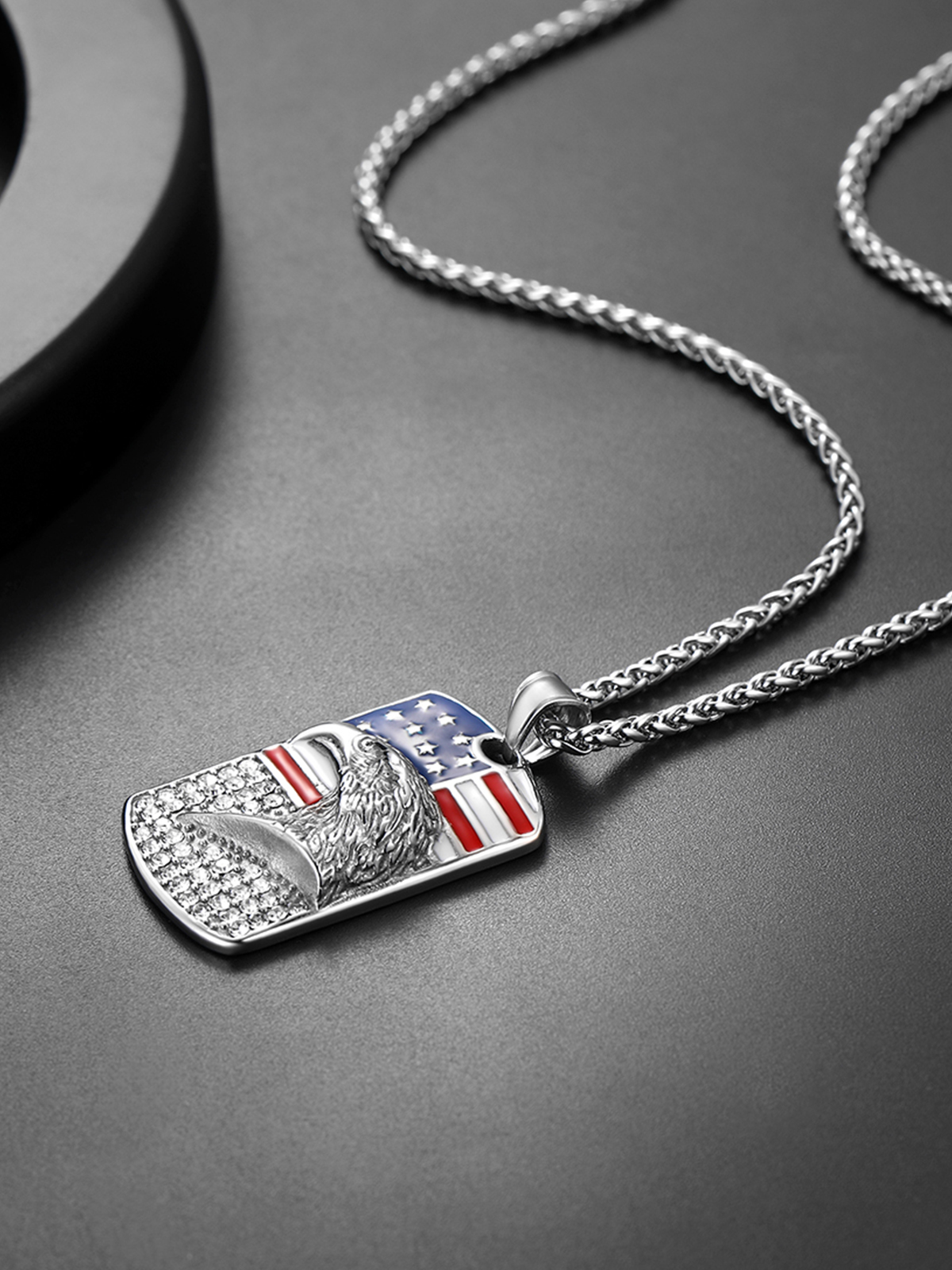 Eagle Dog Tag Pendant American Flag Necklace with CZ in Stainless