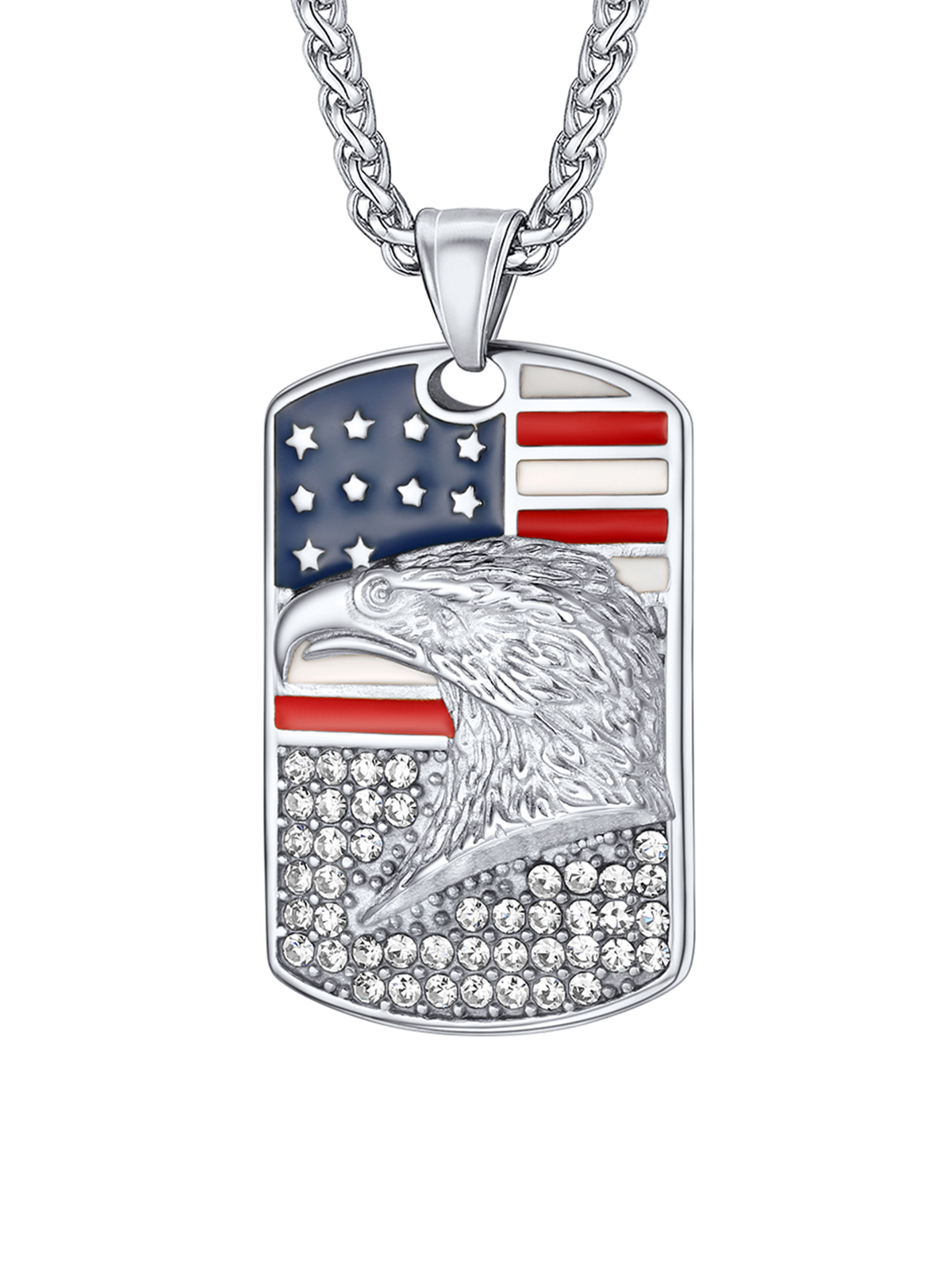 Eagle Dog Tag Pendant American Flag Necklace with CZ in Stainless