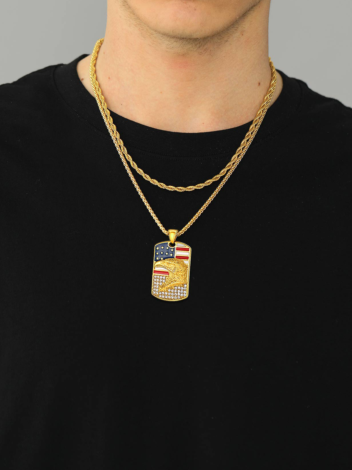 Eagle Dog Tag Pendant American Flag Necklace with CZ in 18K Gold