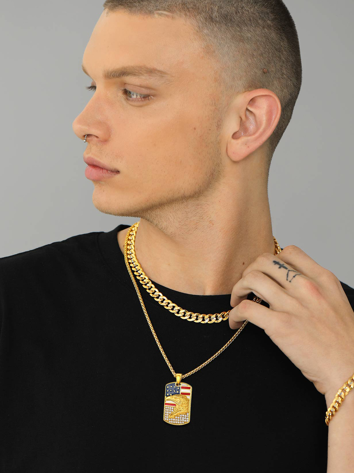 Eagle Dog Tag Pendant American Flag Necklace with CZ in 18K Gold