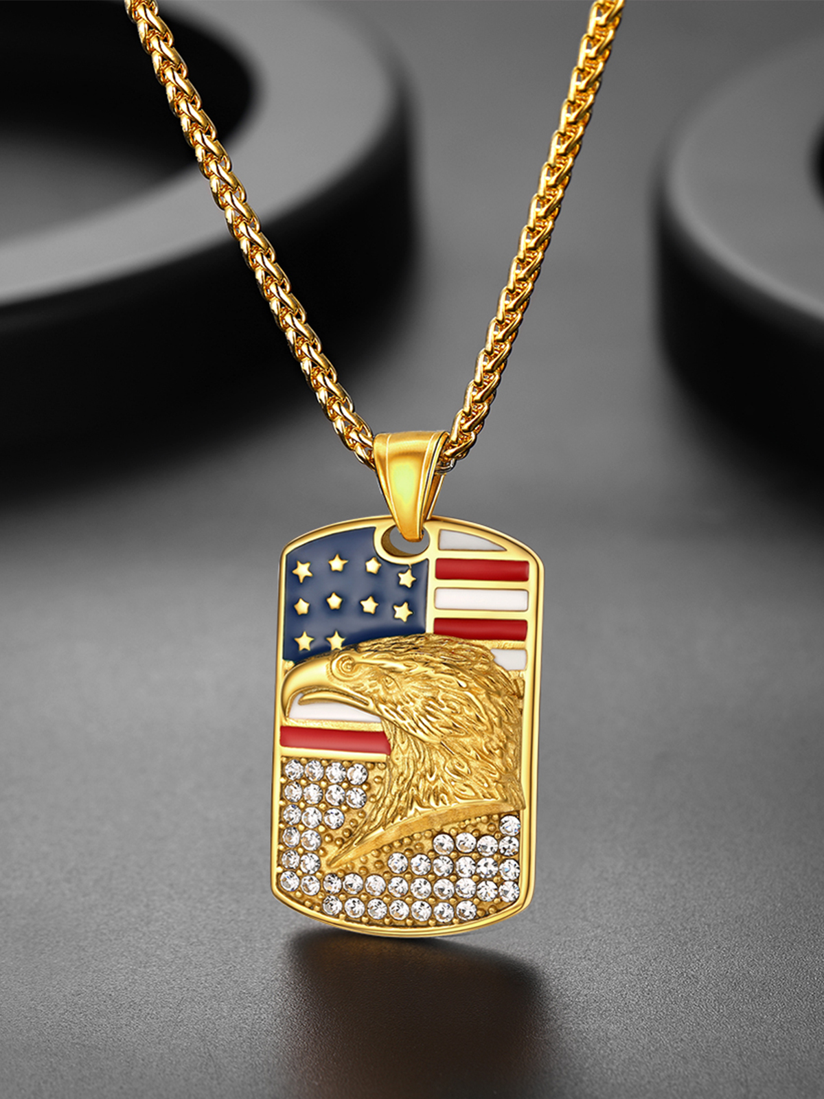 Eagle Dog Tag Pendant American Flag Necklace with CZ in 18K Gold