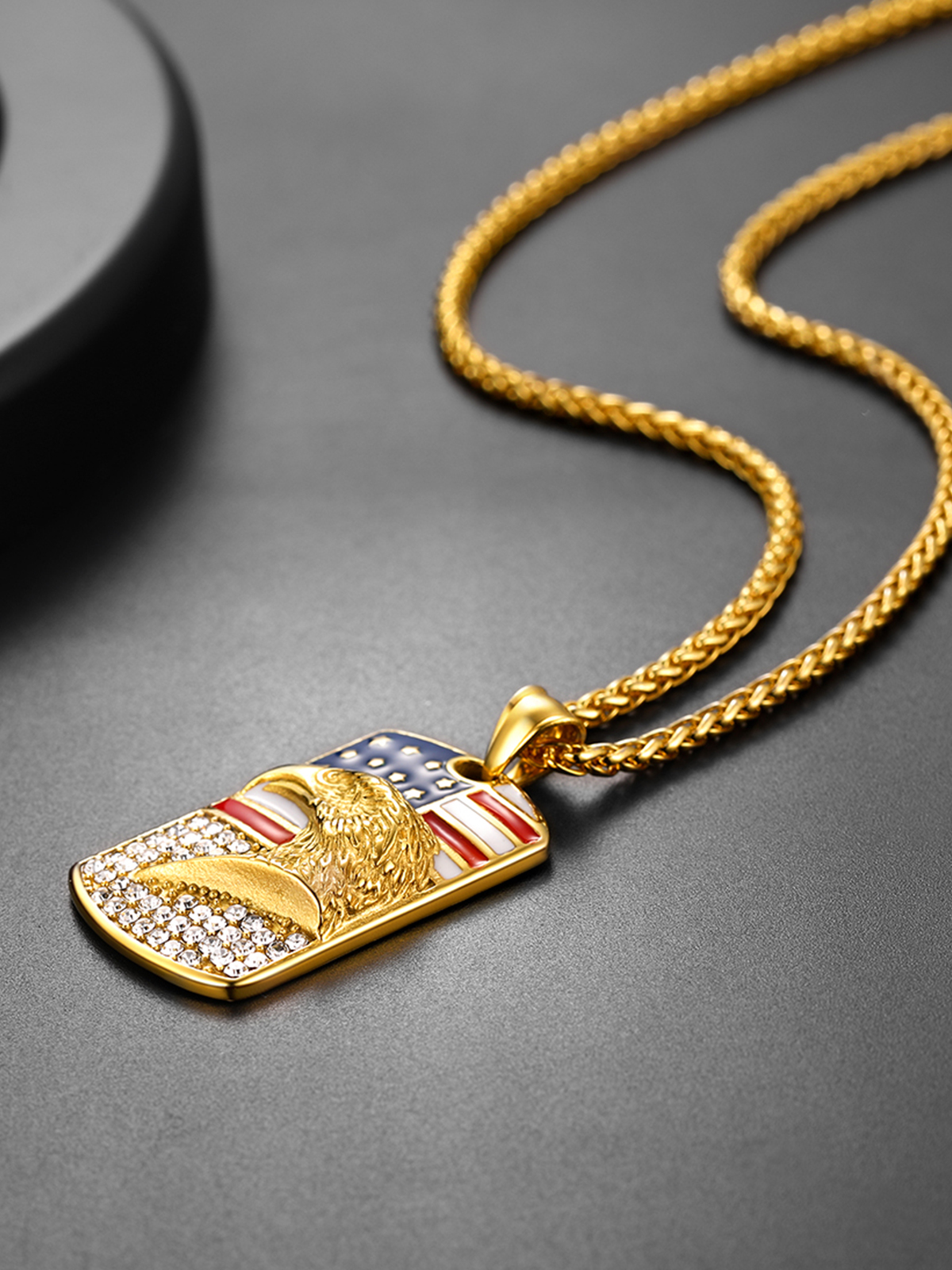 Eagle Dog Tag Pendant American Flag Necklace with CZ in 18K Gold
