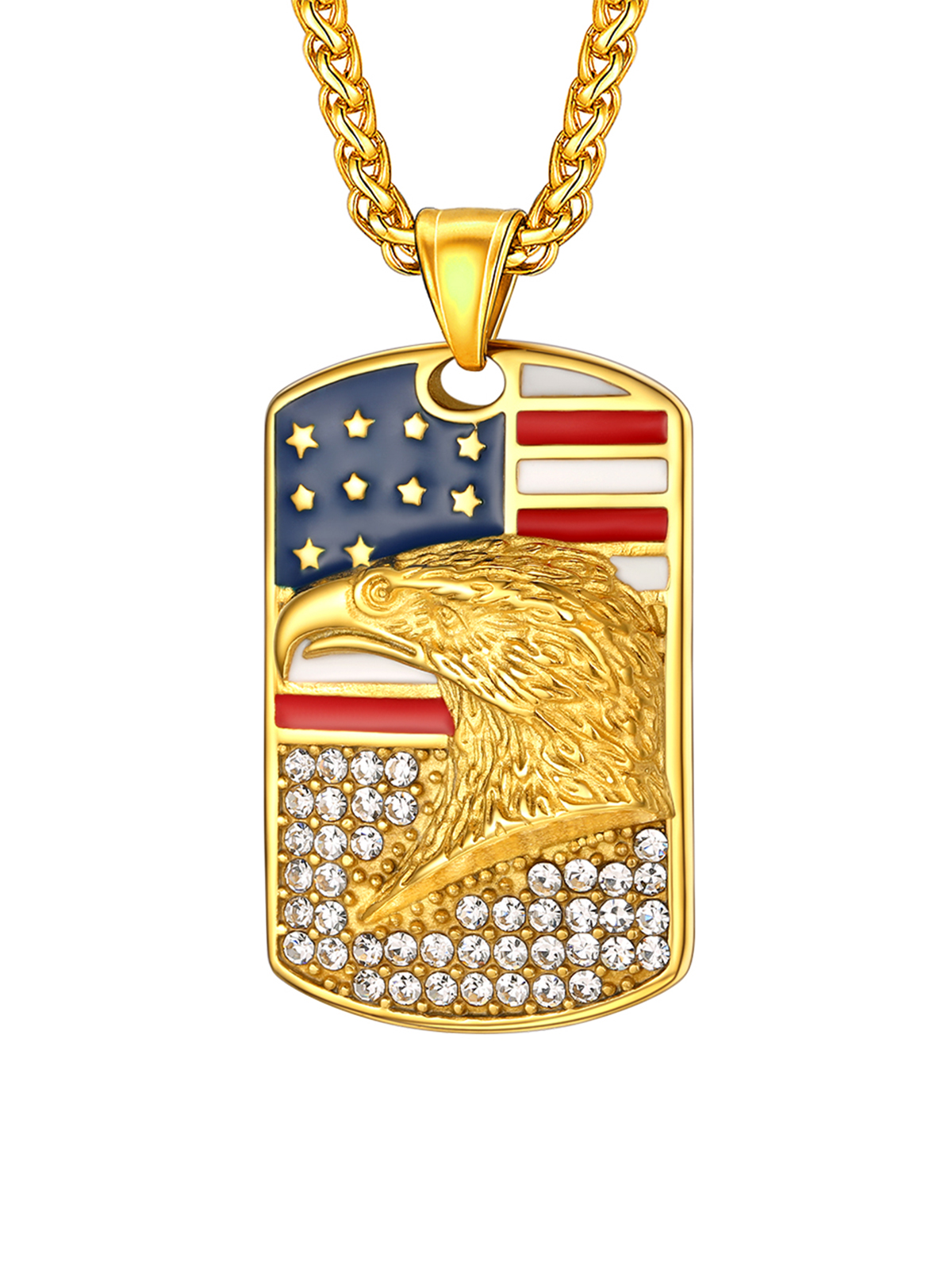 Eagle Dog Tag Pendant American Flag Necklace with CZ in 18K Gold