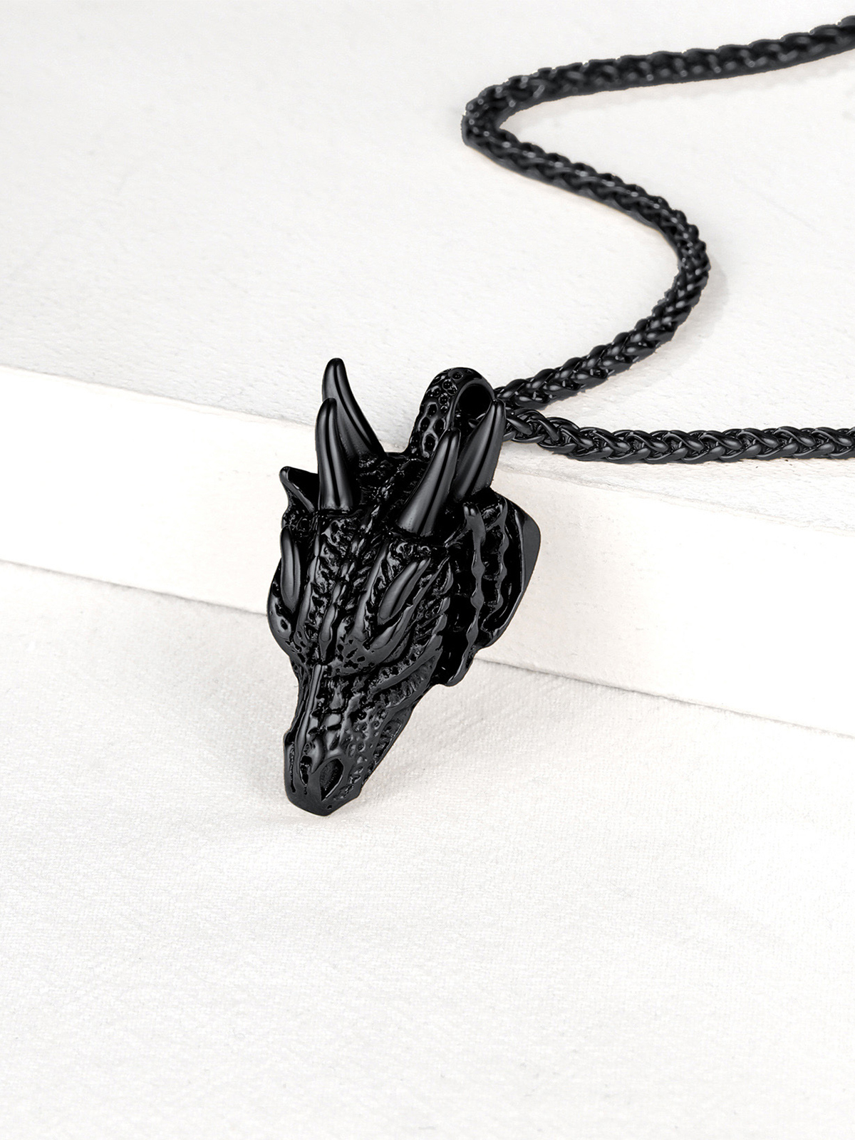 Dragon Head Pendant Animal Necklace in Black Plated