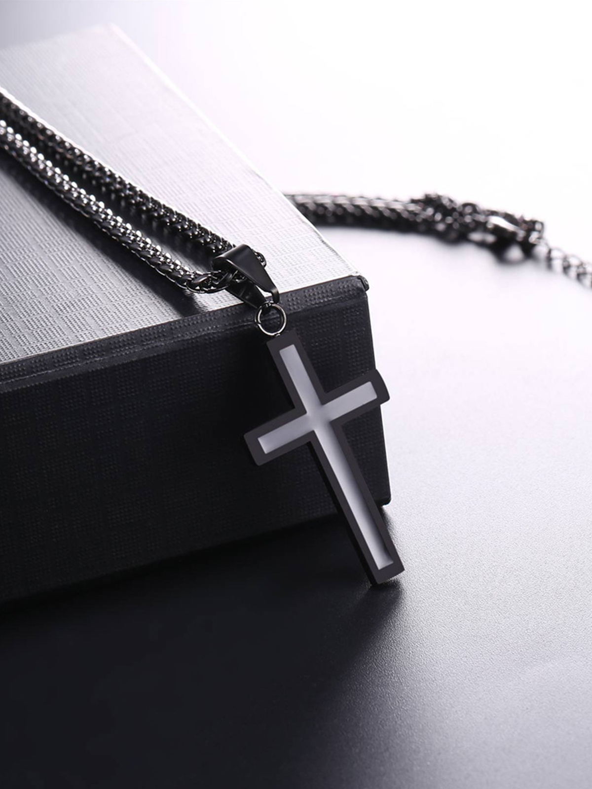 Simple Cross Baptism Pendant Necklace in Black