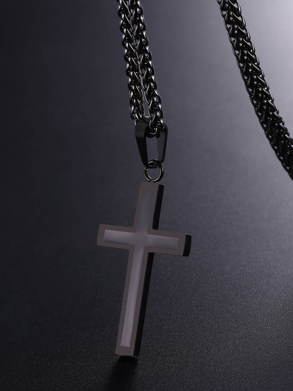 Simple Cross Baptism Pendant Necklace in Black