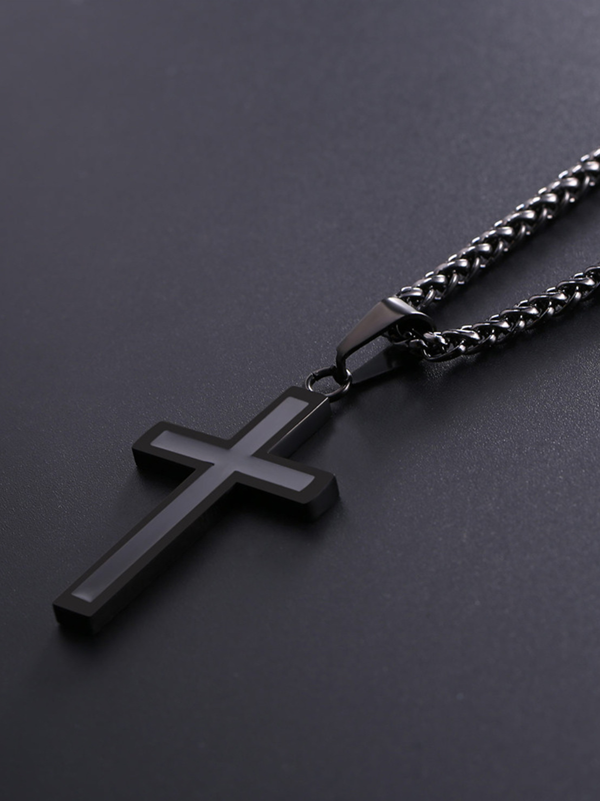 Simple Cross Baptism Pendant Necklace in Black