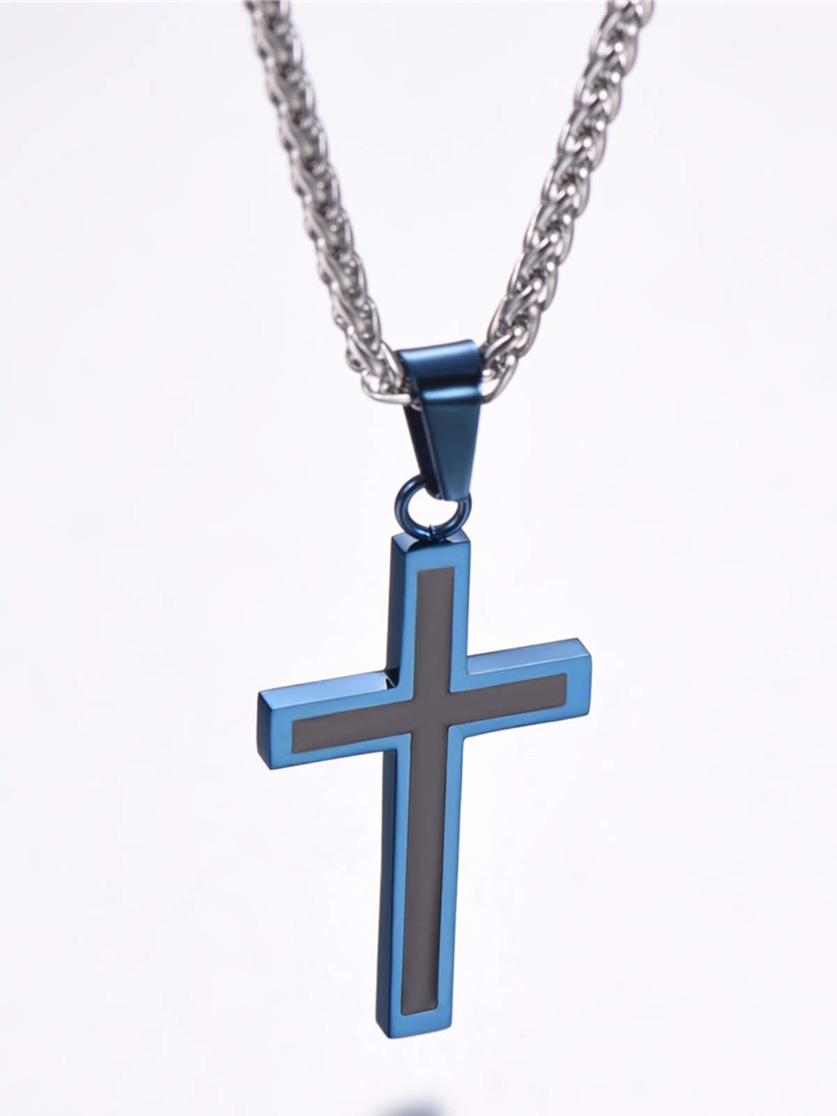 Simple Cross Baptism Pendant Necklace in Blue