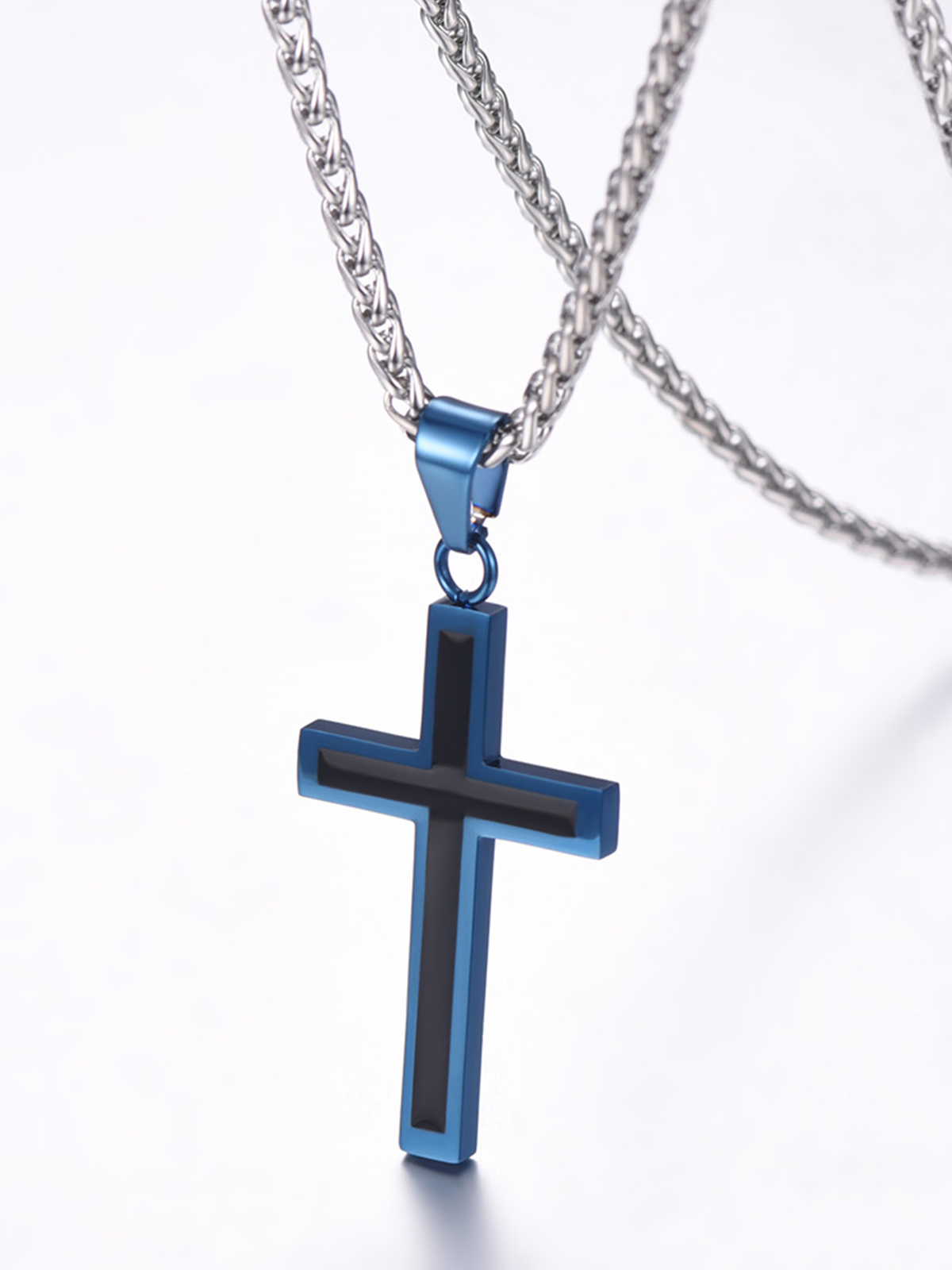 Simple Cross Baptism Pendant Necklace in Blue
