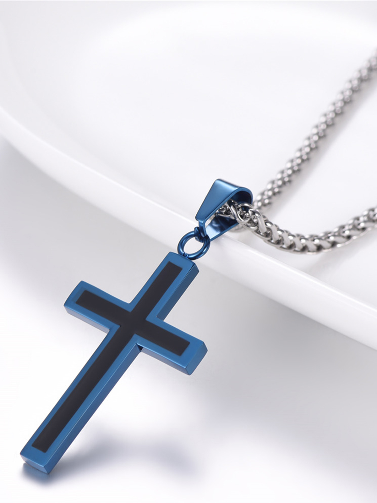 Simple Cross Baptism Pendant Necklace in Blue
