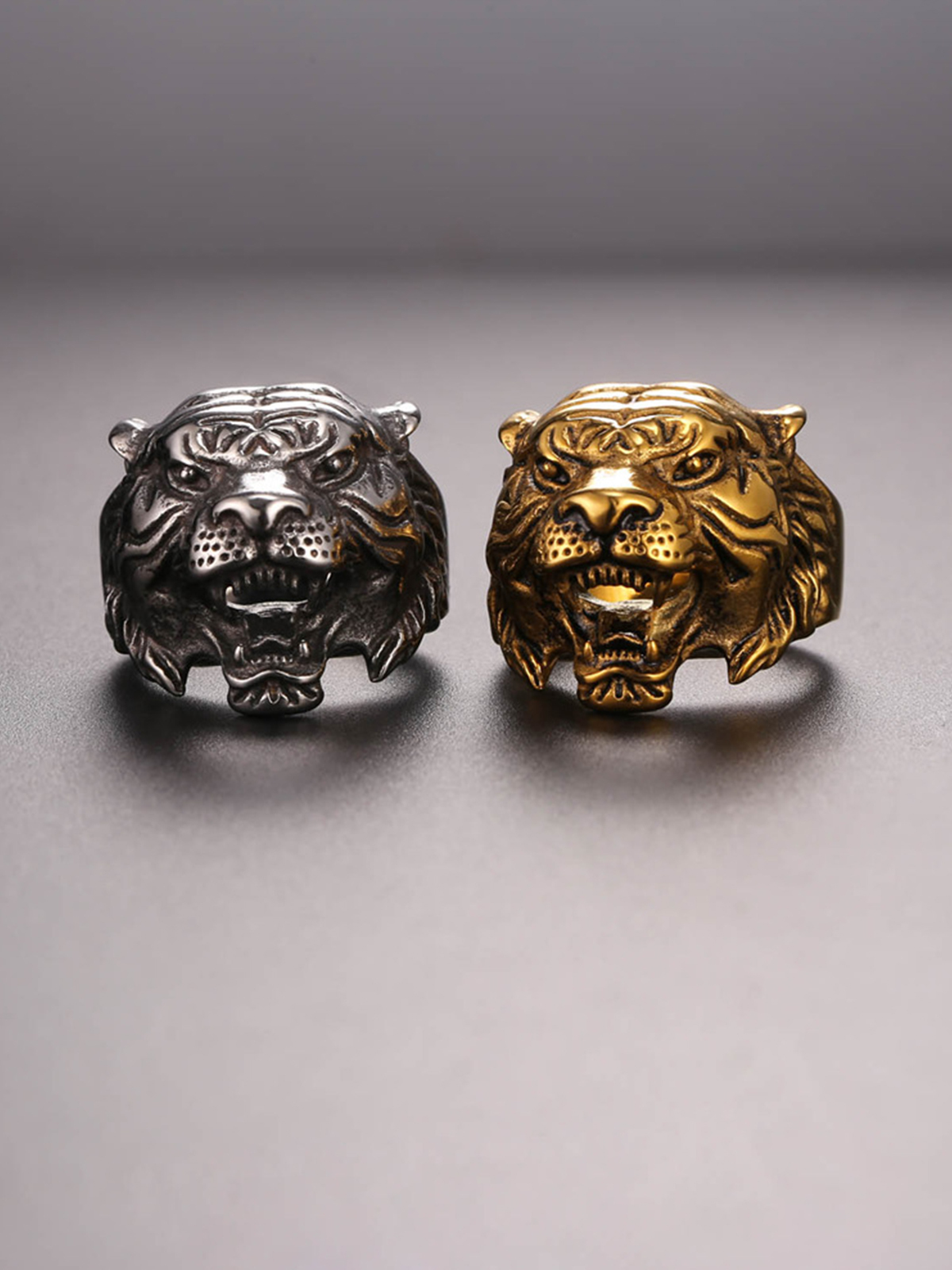 Gothic Biker Tiger Head Statement Ring in 18K Gold