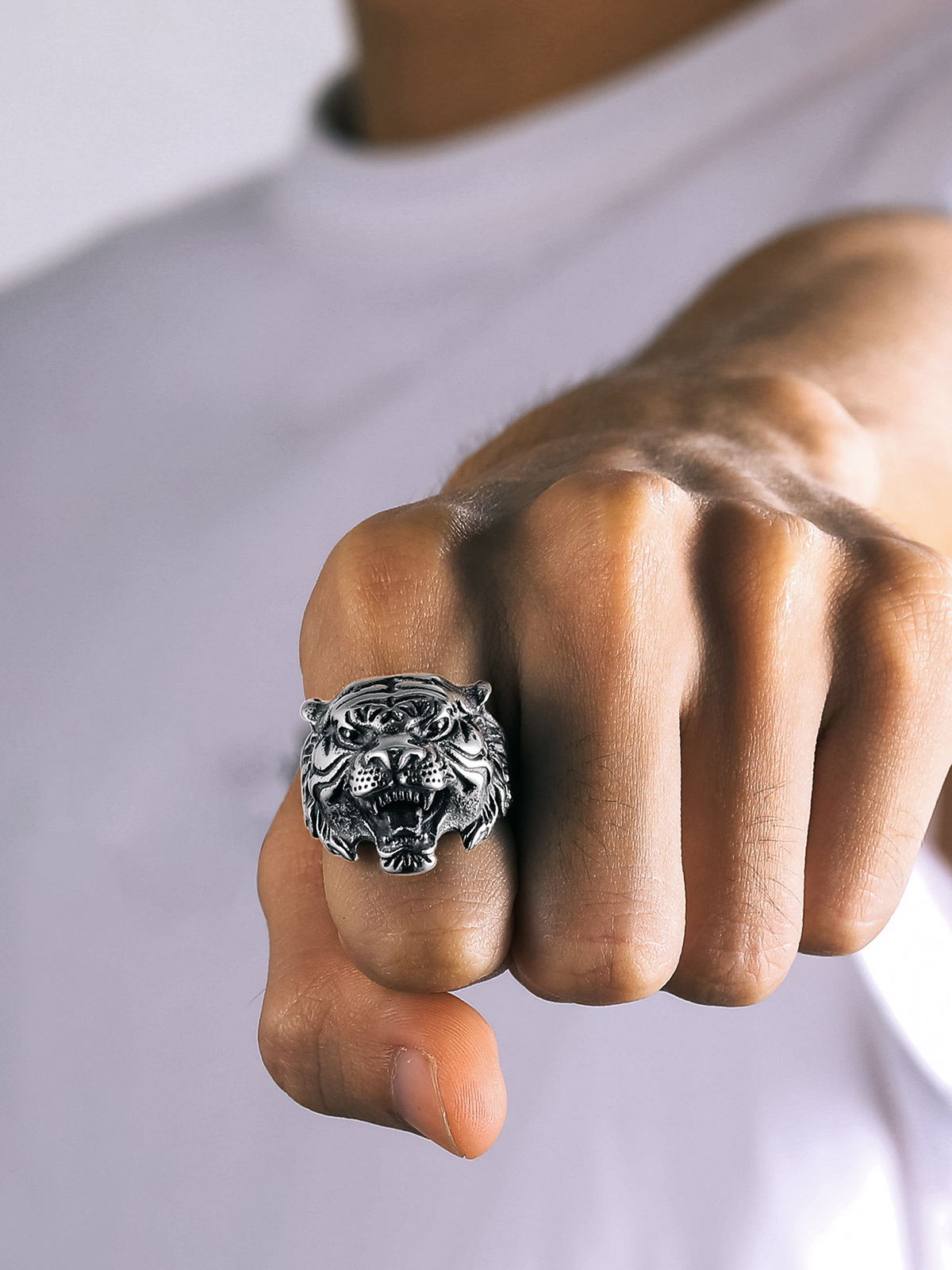 Gothic Biker Tiger Head Statement Ring in Stainless
