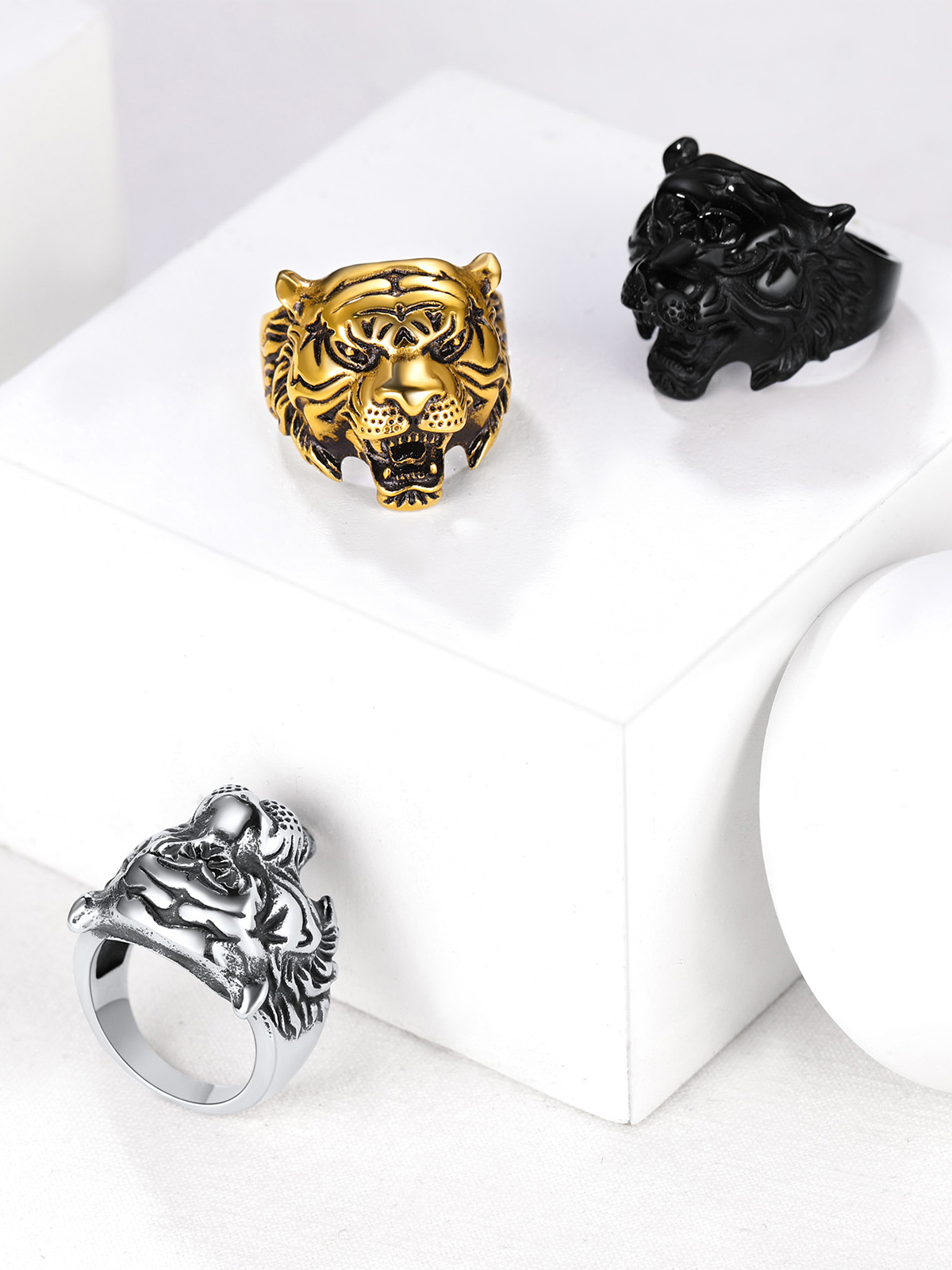 Gothic Biker Tiger Head Statement Ring in 18K Gold