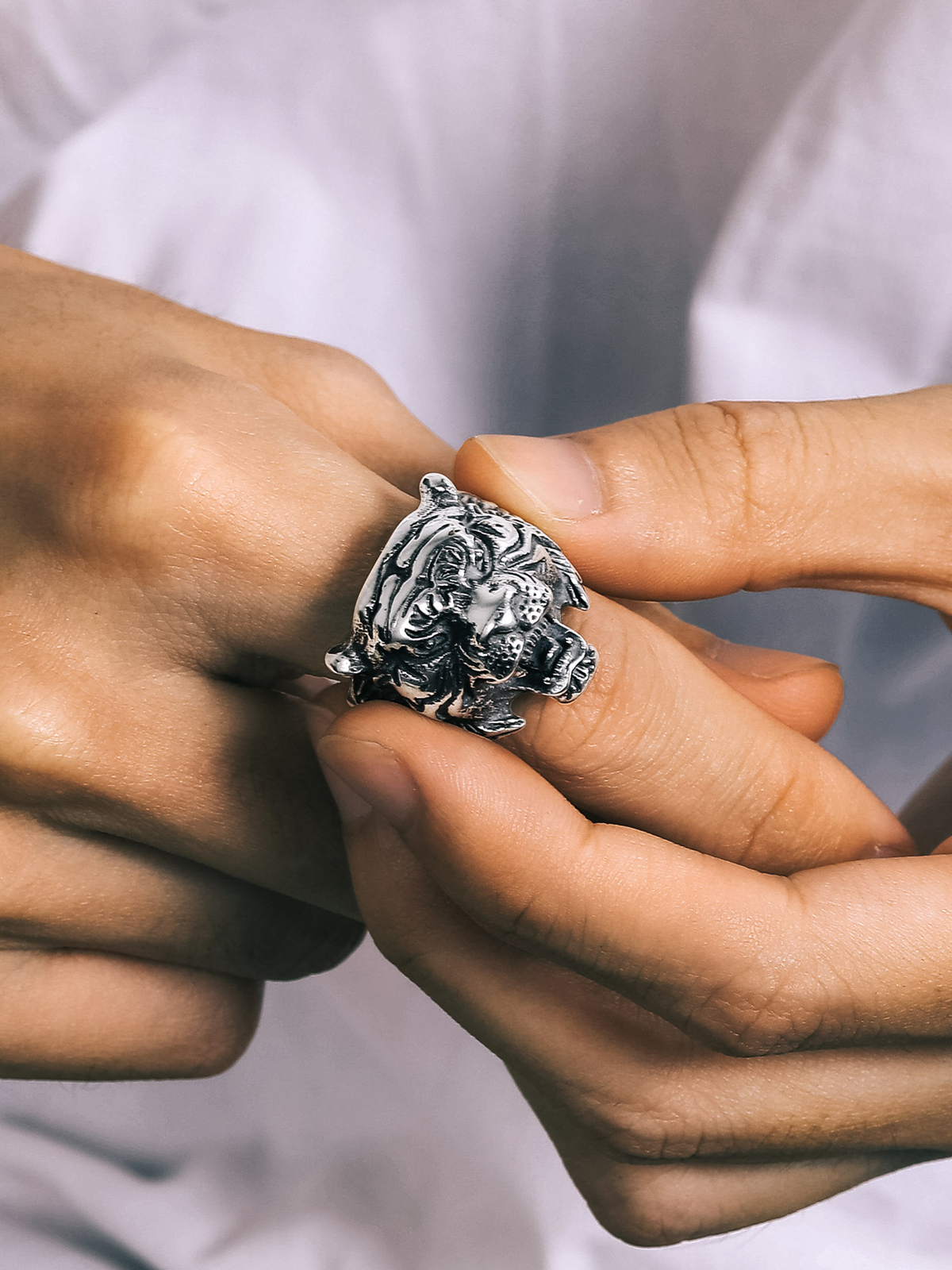 Gothic Biker Tiger Head Statement Ring in Stainless
