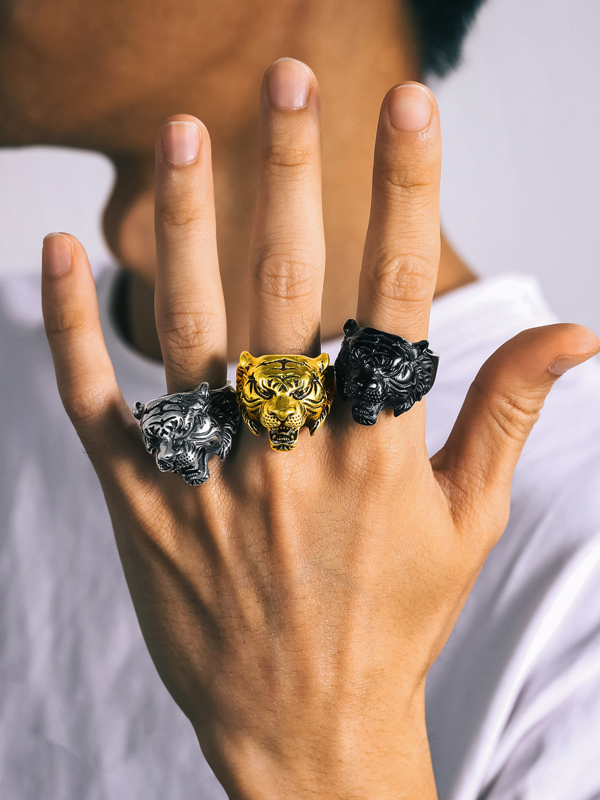 Gothic Biker Tiger Head Statement Ring in 18K Gold
