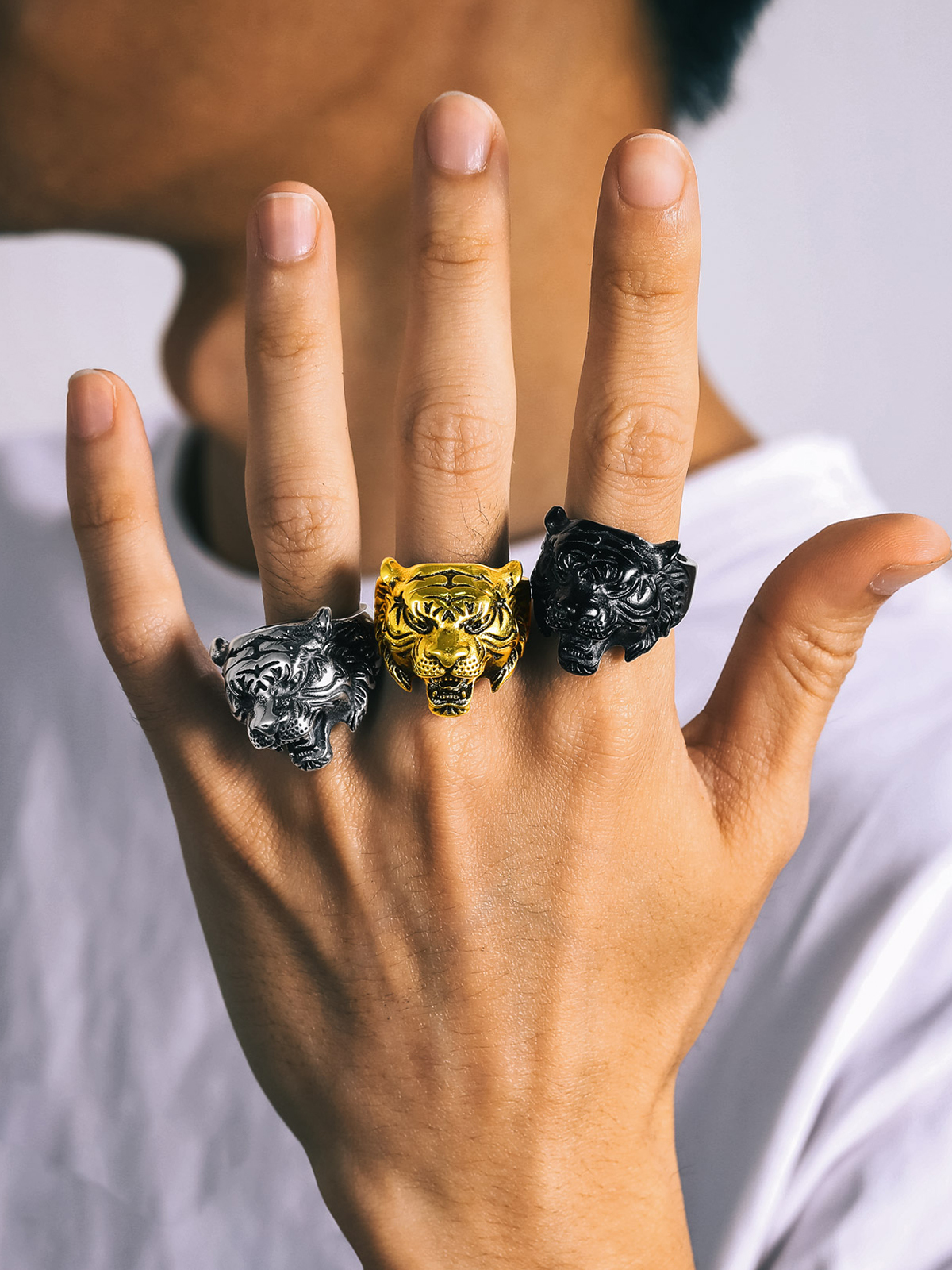 Gothic Biker Tiger Head Statement Ring in 18K Gold