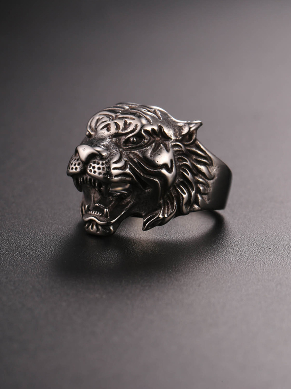 Gothic Biker Tiger Head Statement Ring in Stainless
