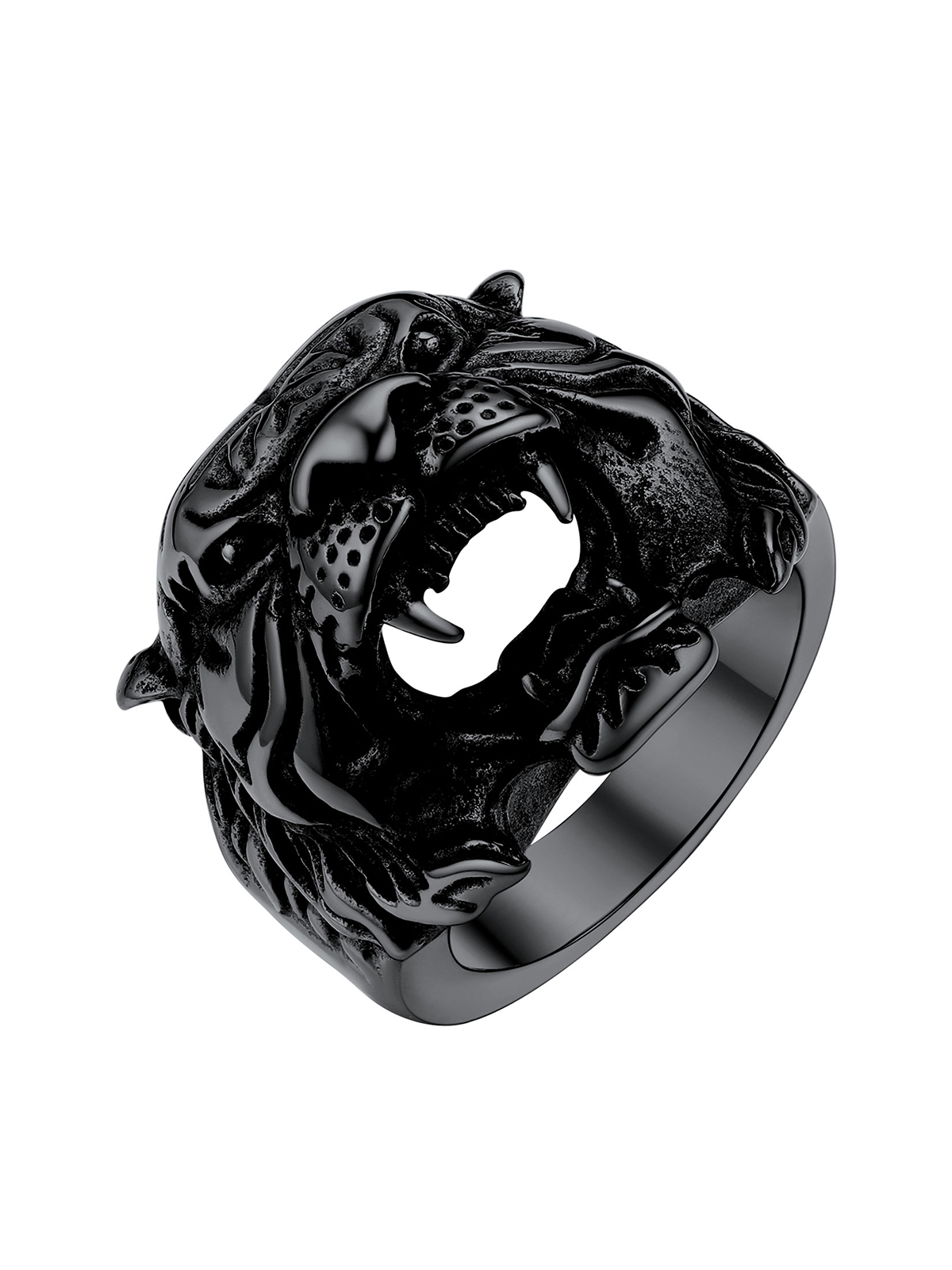 Gothic Biker Tiger Head Statement Ring in Black