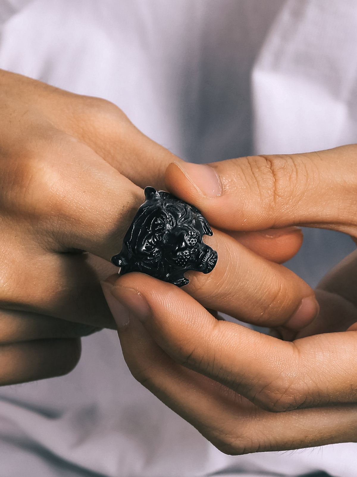 Gothic Biker Tiger Head Statement Ring in Black
