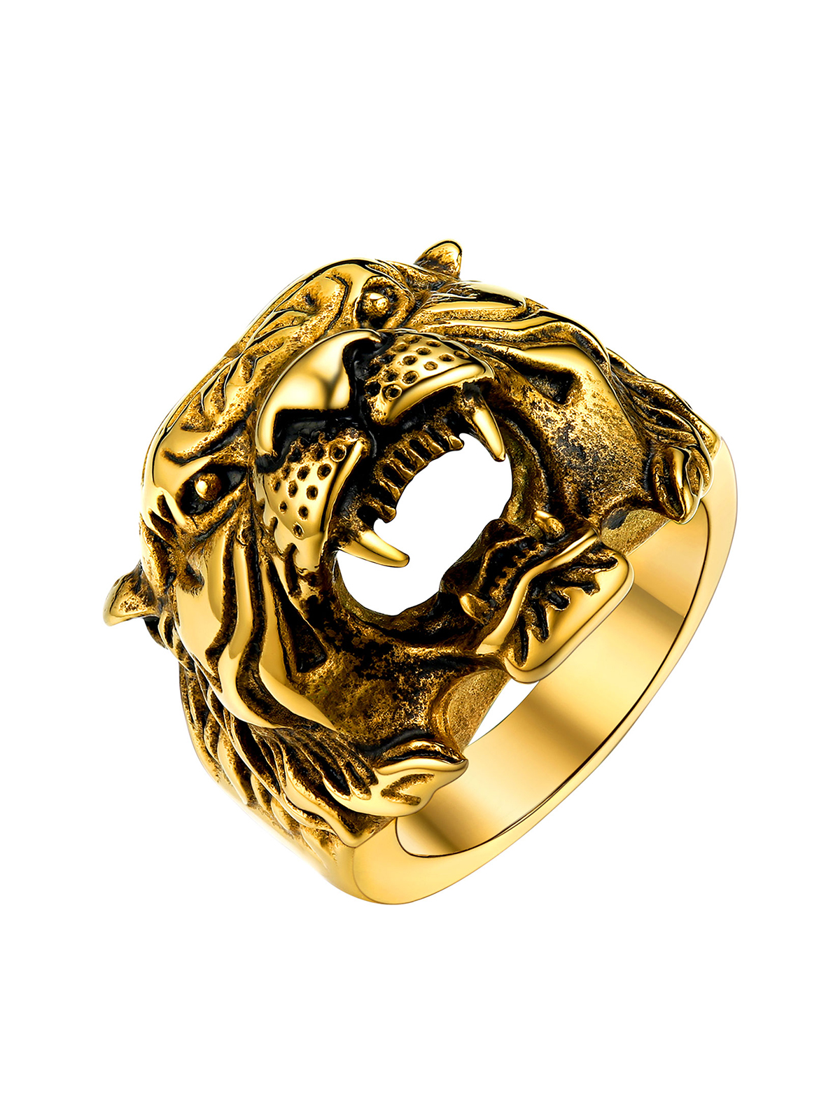 Gothic Biker Tiger Head Statement Ring in 18K Gold