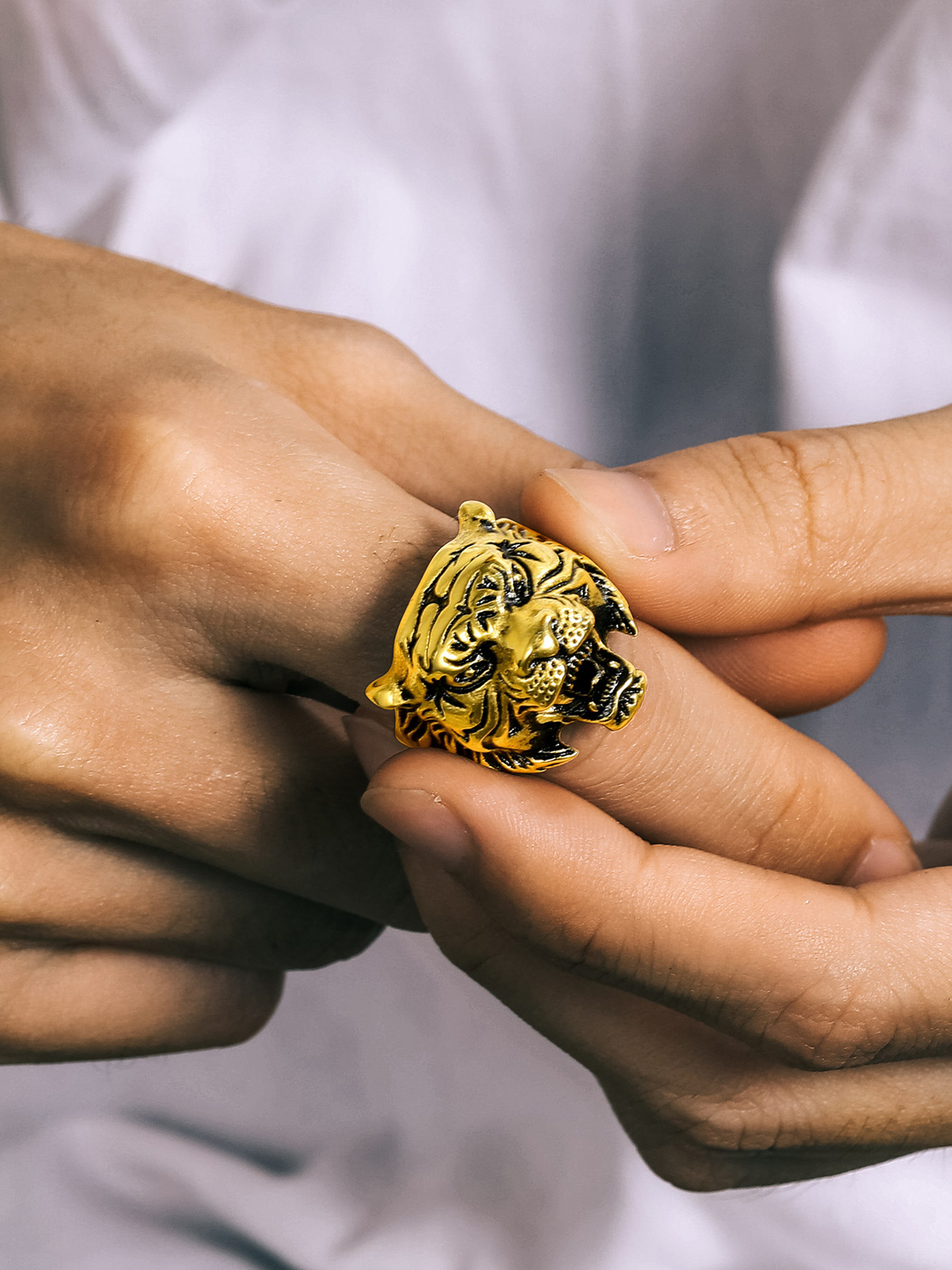 Gothic Biker Tiger Head Statement Ring in 18K Gold