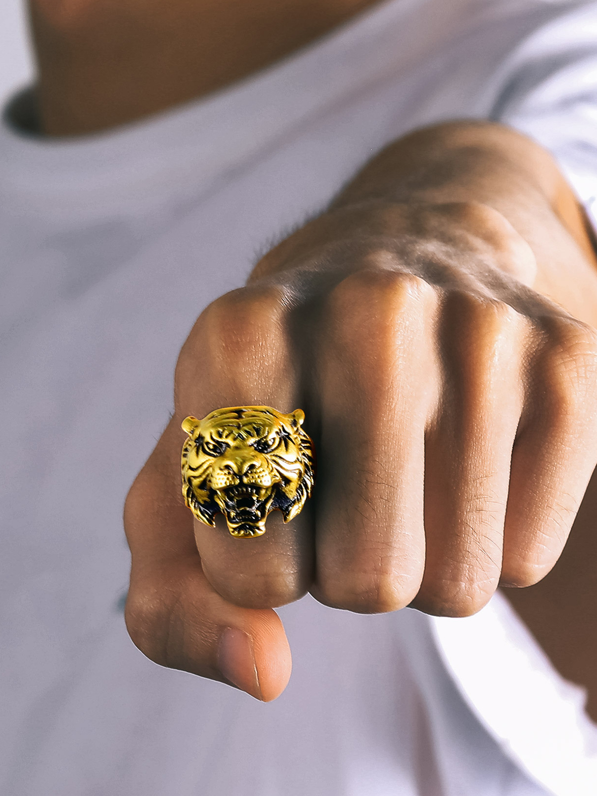 Gothic Biker Tiger Head Statement Ring in 18K Gold