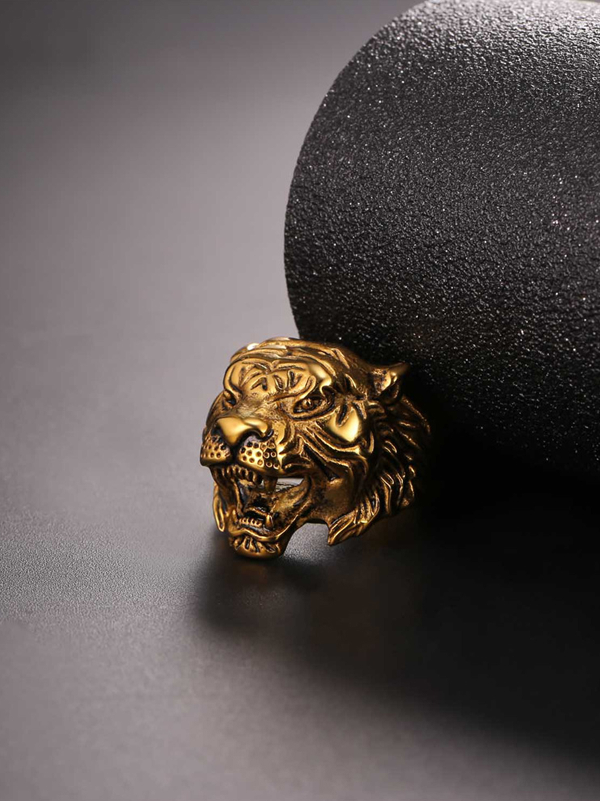 Gothic Biker Tiger Head Statement Ring in 18K Gold
