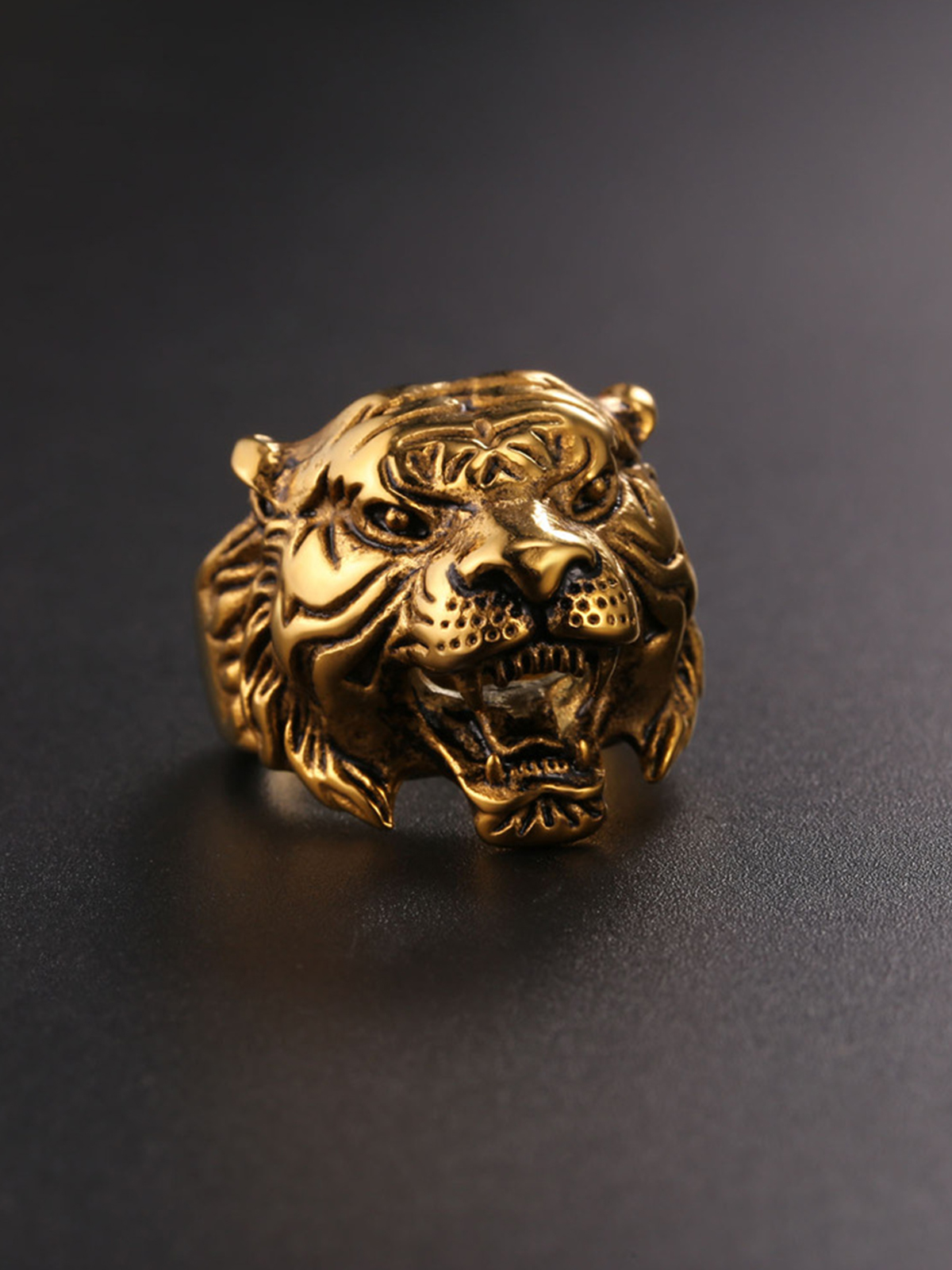 Gothic Biker Tiger Head Statement Ring in 18K Gold