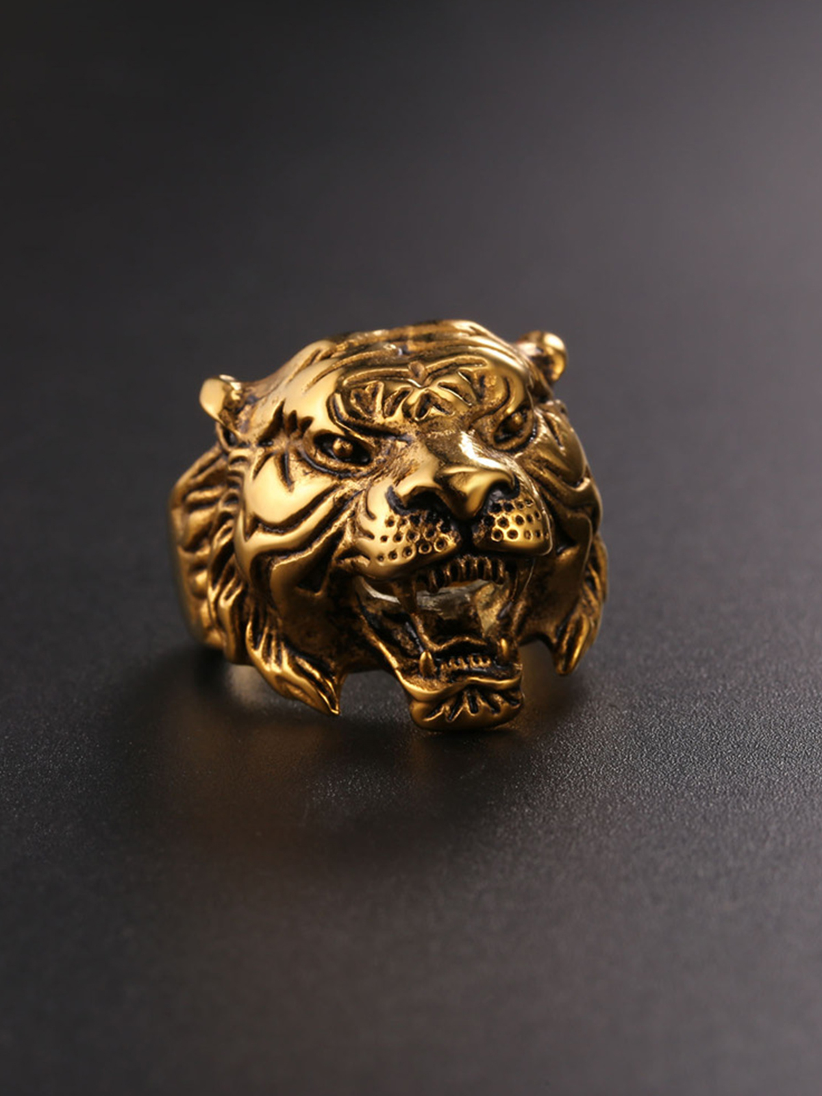 Gothic Biker Tiger Head Statement Ring in 18K Gold