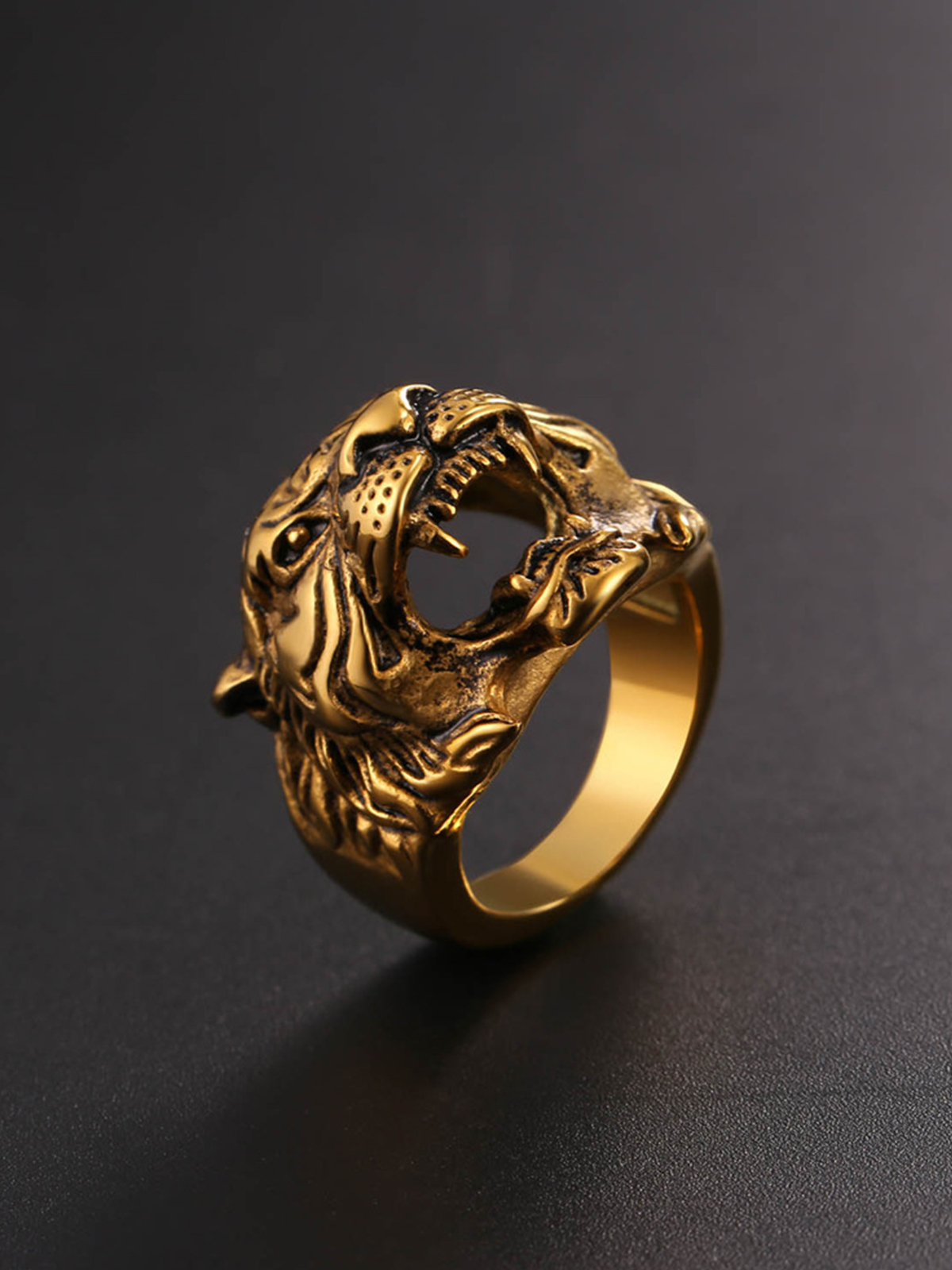 Gothic Biker Tiger Head Statement Ring in 18K Gold