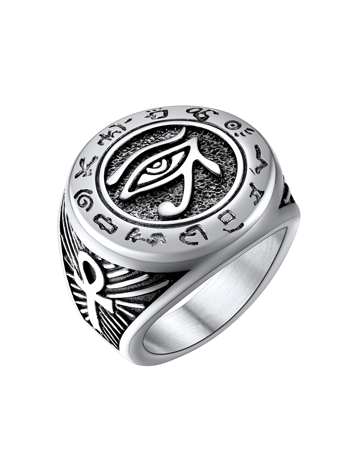 Vintage Egyptian Eye of Horus Ankh Cross Ring in Stainless Plated