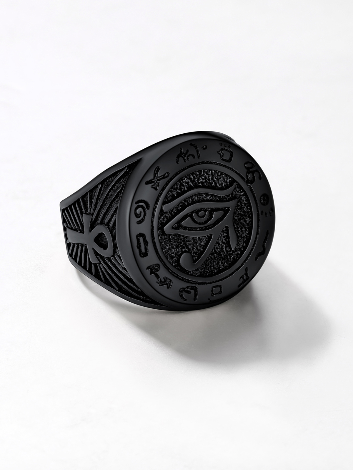 Vintage Egyptian Eye of Horus Ankh Cross Ring in Black Plated